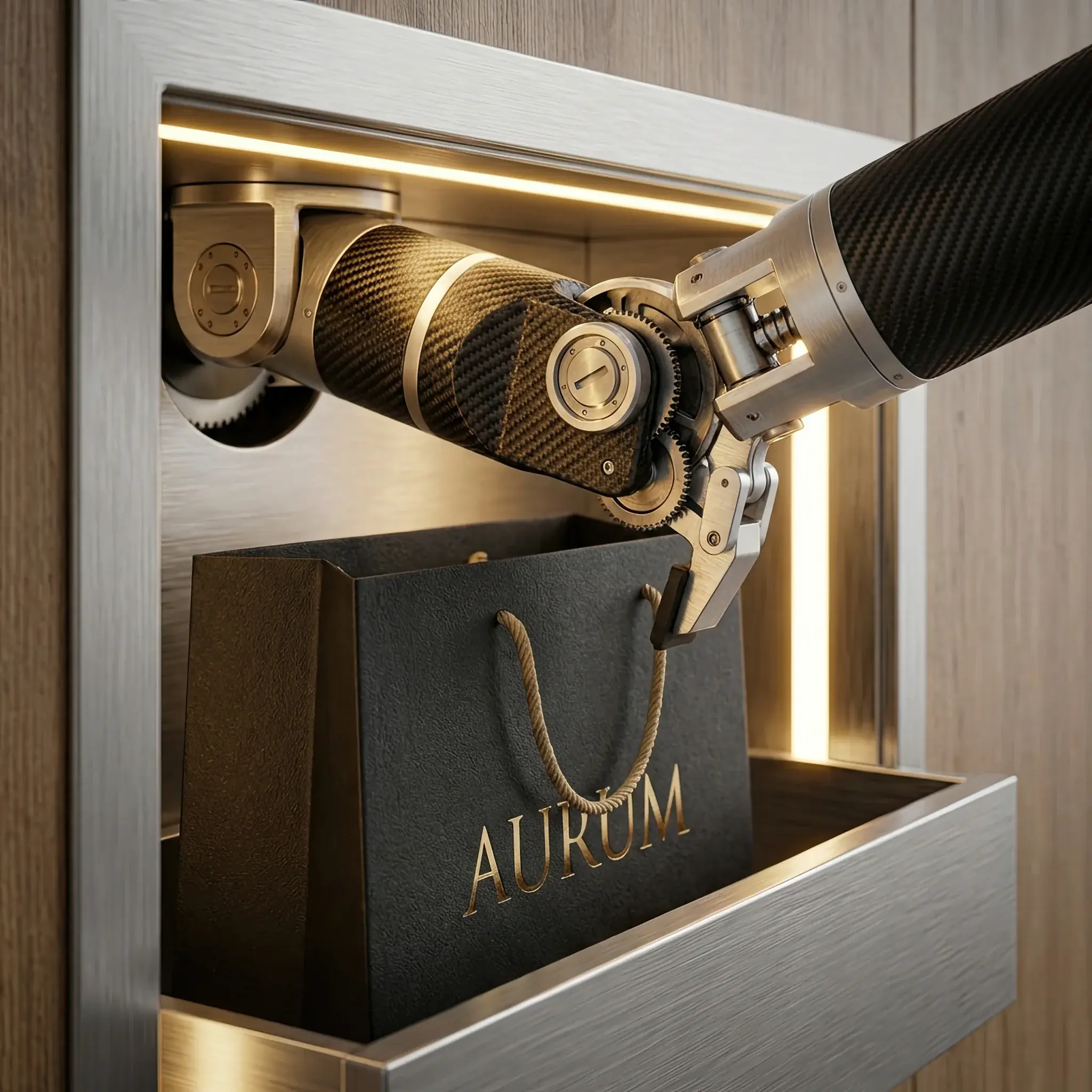 Interior detail: A robotic arm delivers an order to a lobby pickup window