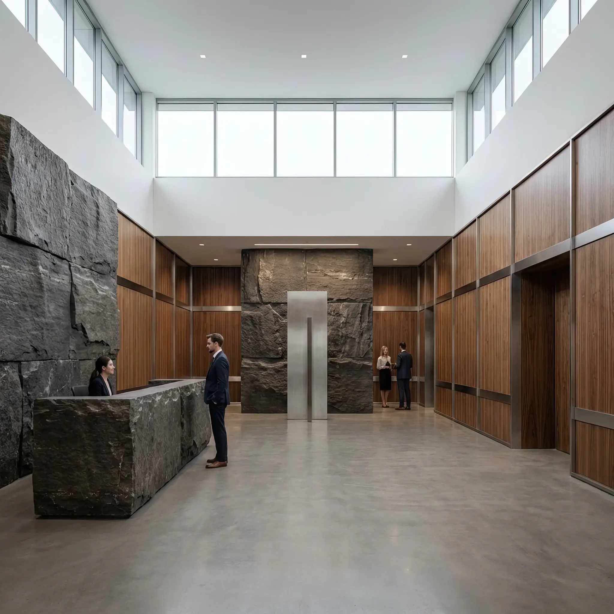 Архитектура и дизайн: Стерильный белый холл дата-центра с прозрачной стеной, открывающей вид на бесконечные ряды серверов