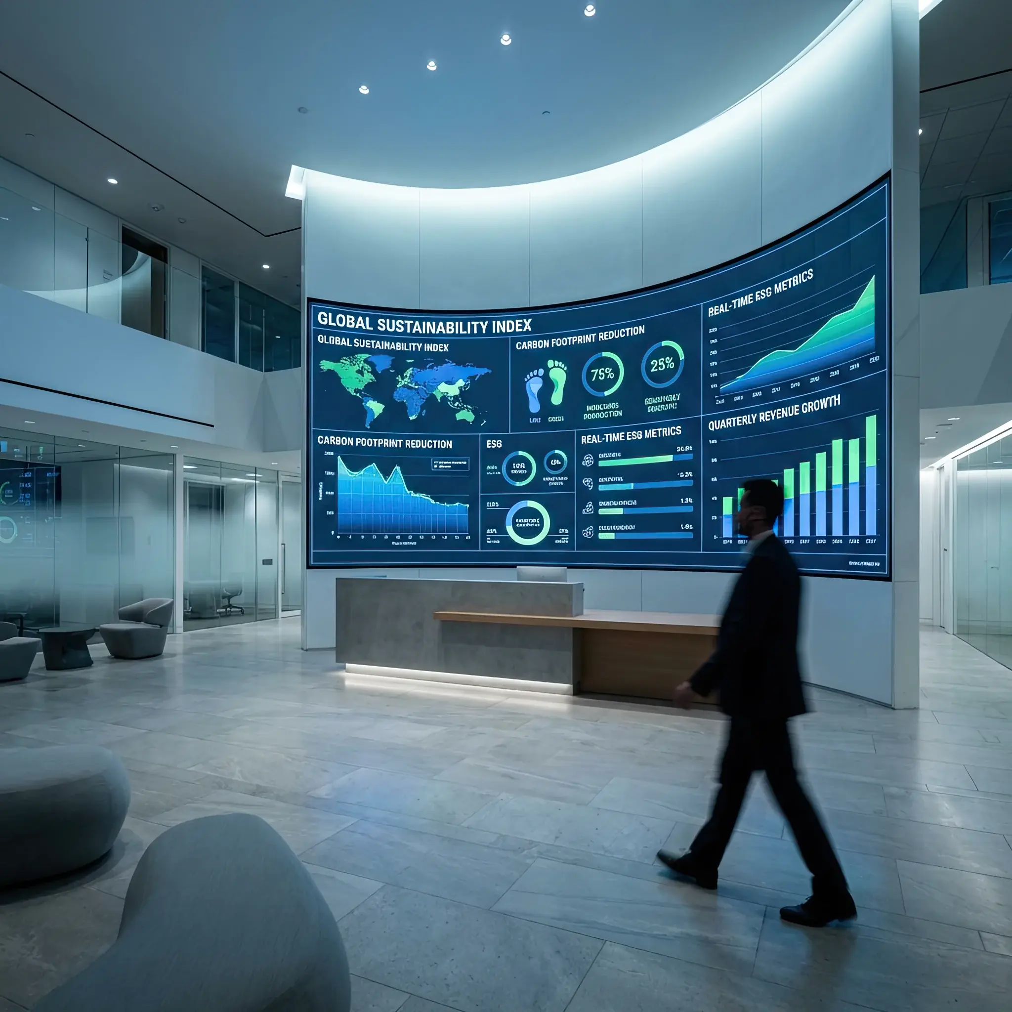 Архитектура и дизайн: Масштабная бесшовная медиа-стена в зоне приема, визуализирующая ключевые деловой показатели и ESG-стратегию компании