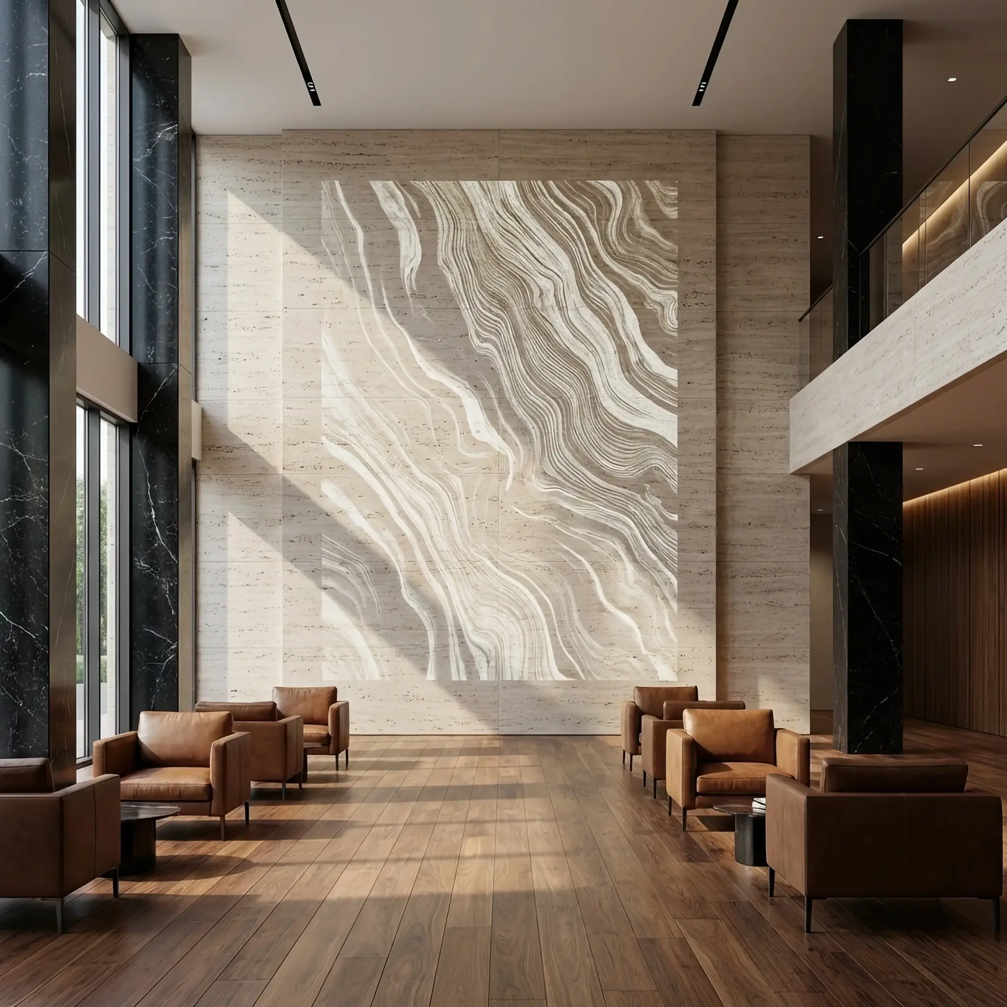 Архитектура и дизайн: Огромная LED-стена за стойкой регистрации, отображающая плавно меняющиеся абстрактные формы