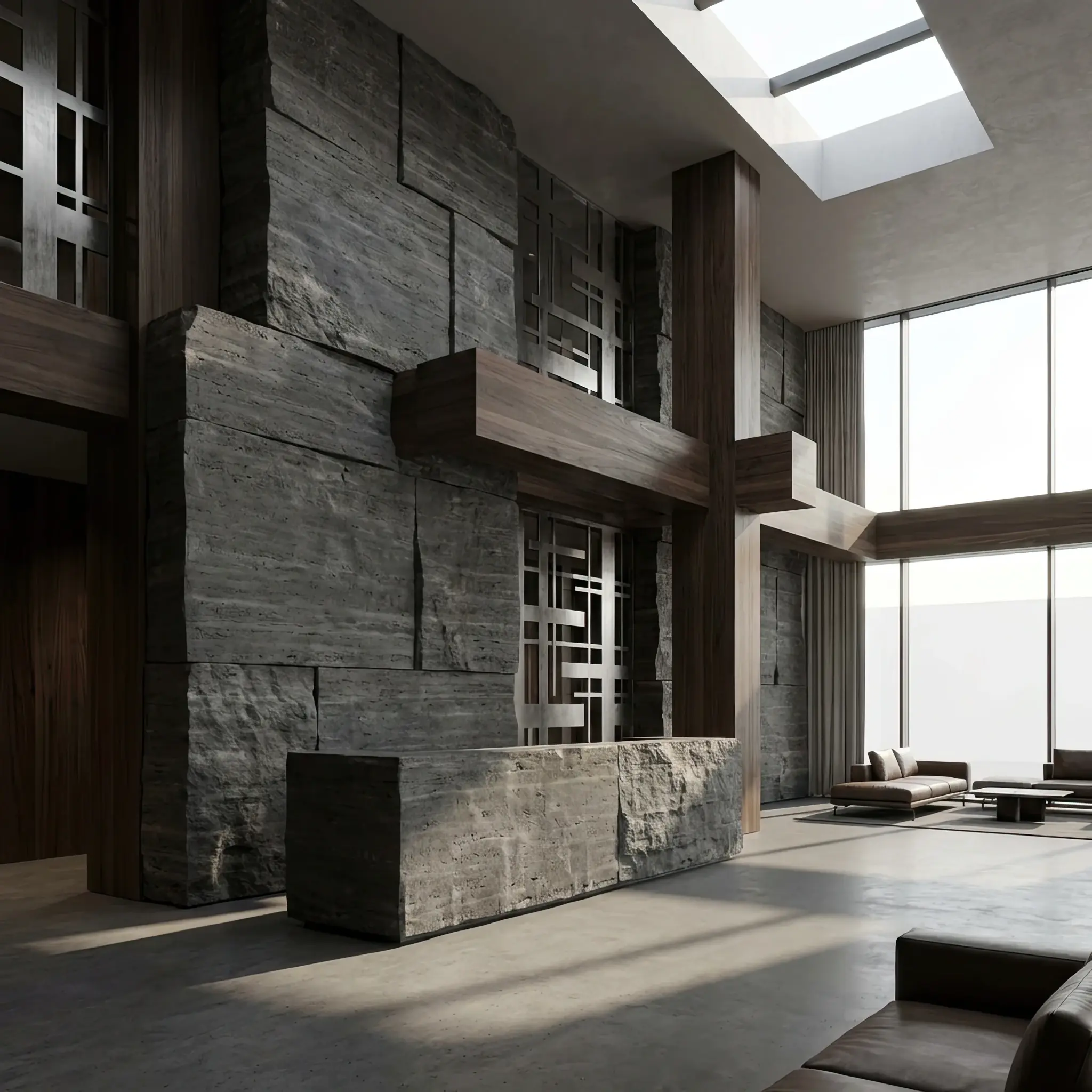 Архитектура и дизайн: Монолитная стойка приемная из грубого архитектурного бетона с открытыми инженерными коммуникациями под потолком