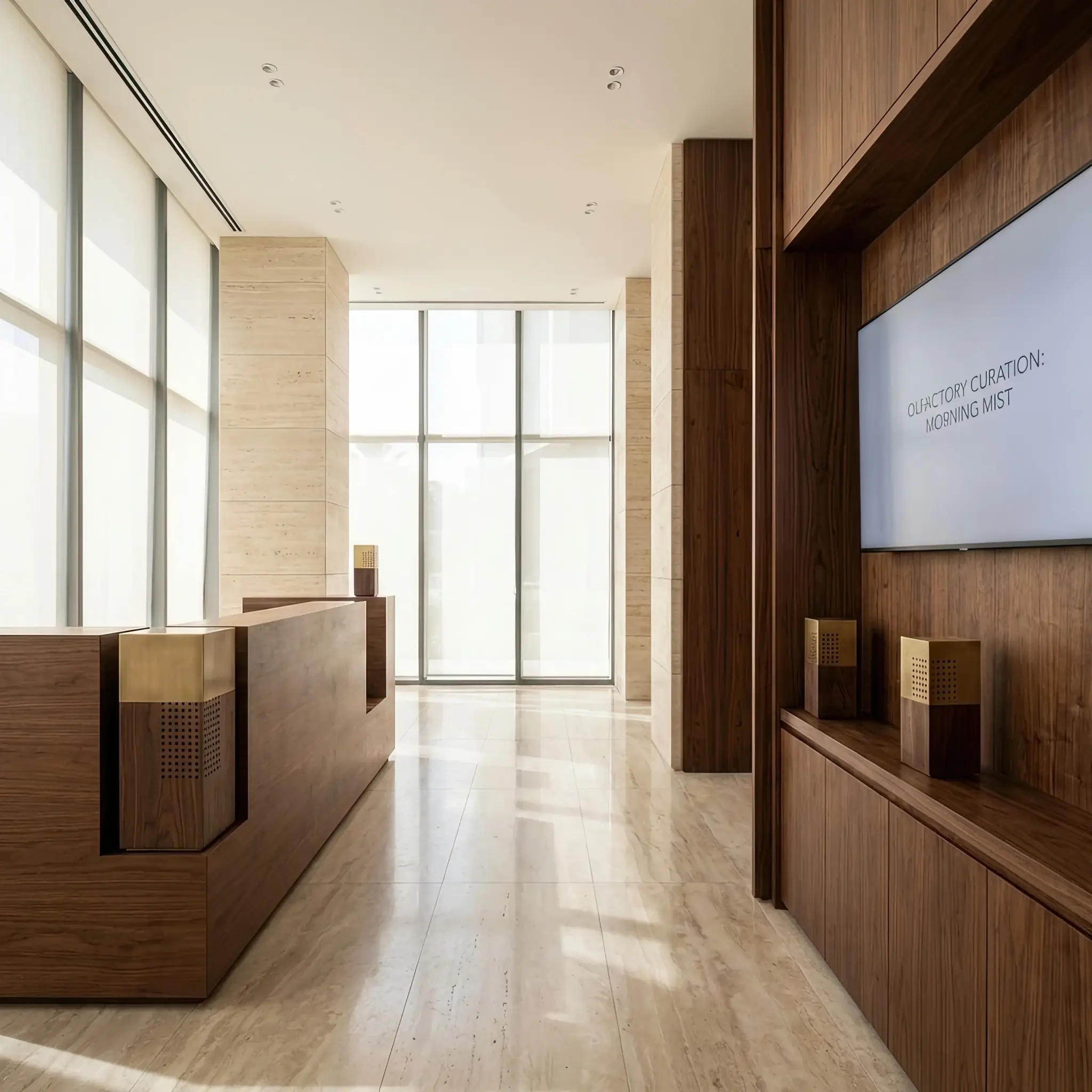 Архитектура и дизайн: Гости вестибюль погружены в атмосферу абсолютного комфорта, создаваемую едва уловимым, персонально подобранным ароматом премиального бренда