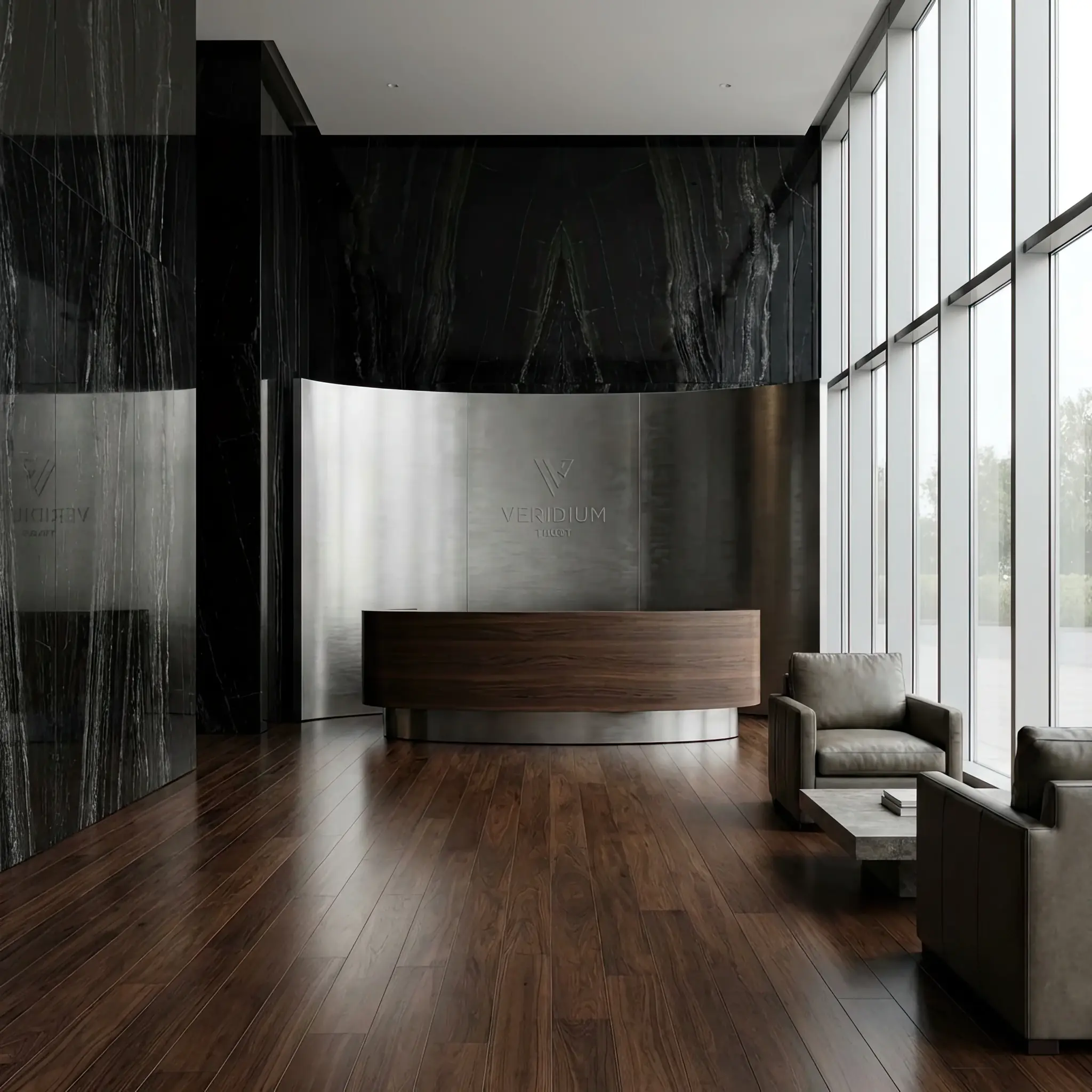 Архитектура и дизайн: Массивная стойка приемная из черного оникса с золотой подсветкой в главном офисе нео-банка