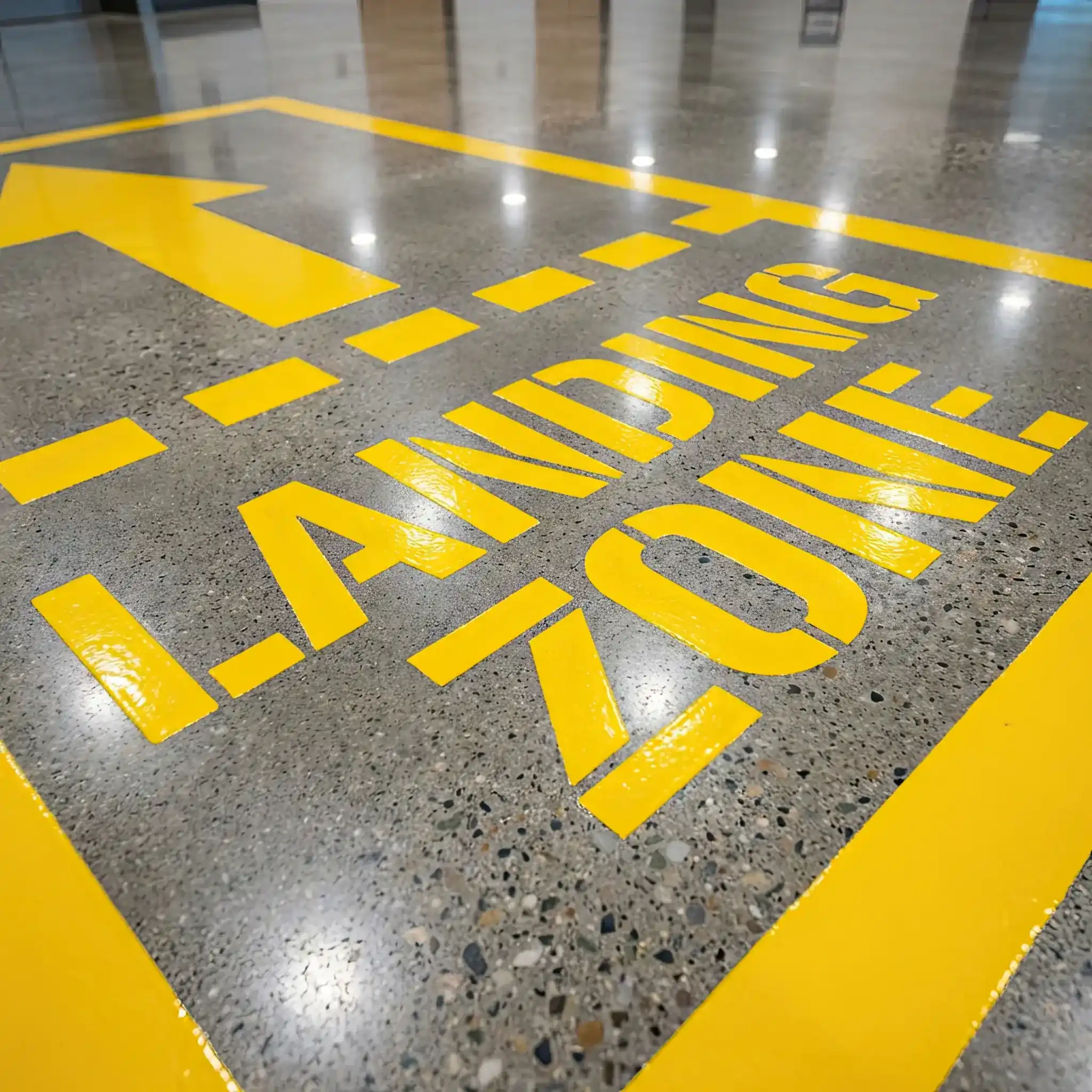 Interior detail: Graphic navigation on epoxy lobby floor in airfield marking style