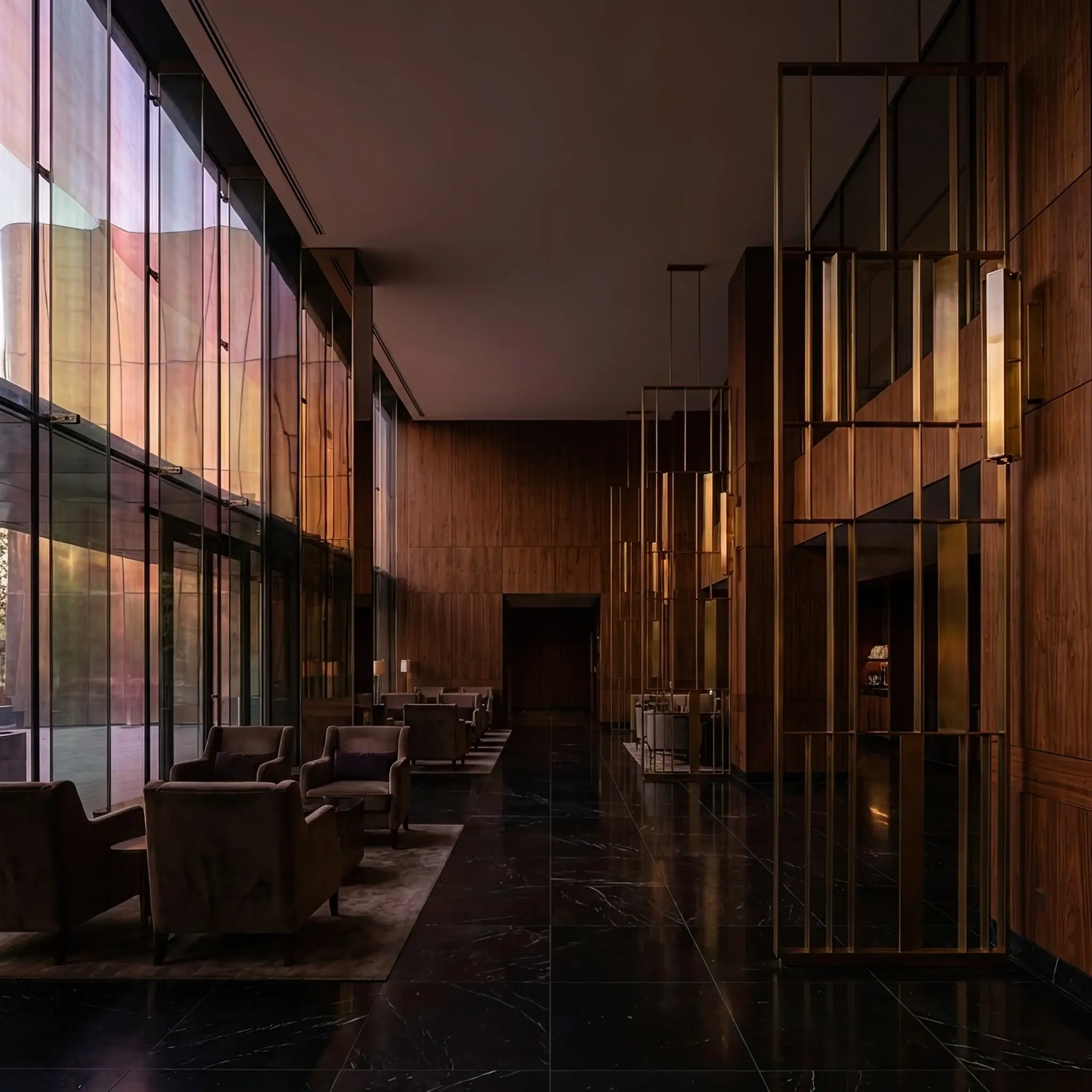 Архитектура и дизайн: Величественное вестибюль с масштабной световой инсталляцией, переливающейся корпоративными цветами