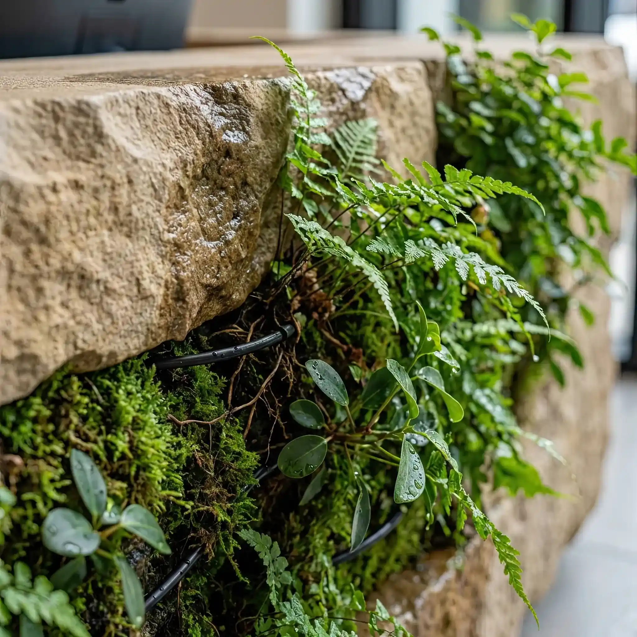 Interior detail: Reception desk with built-in vertical gardens and an air purification system