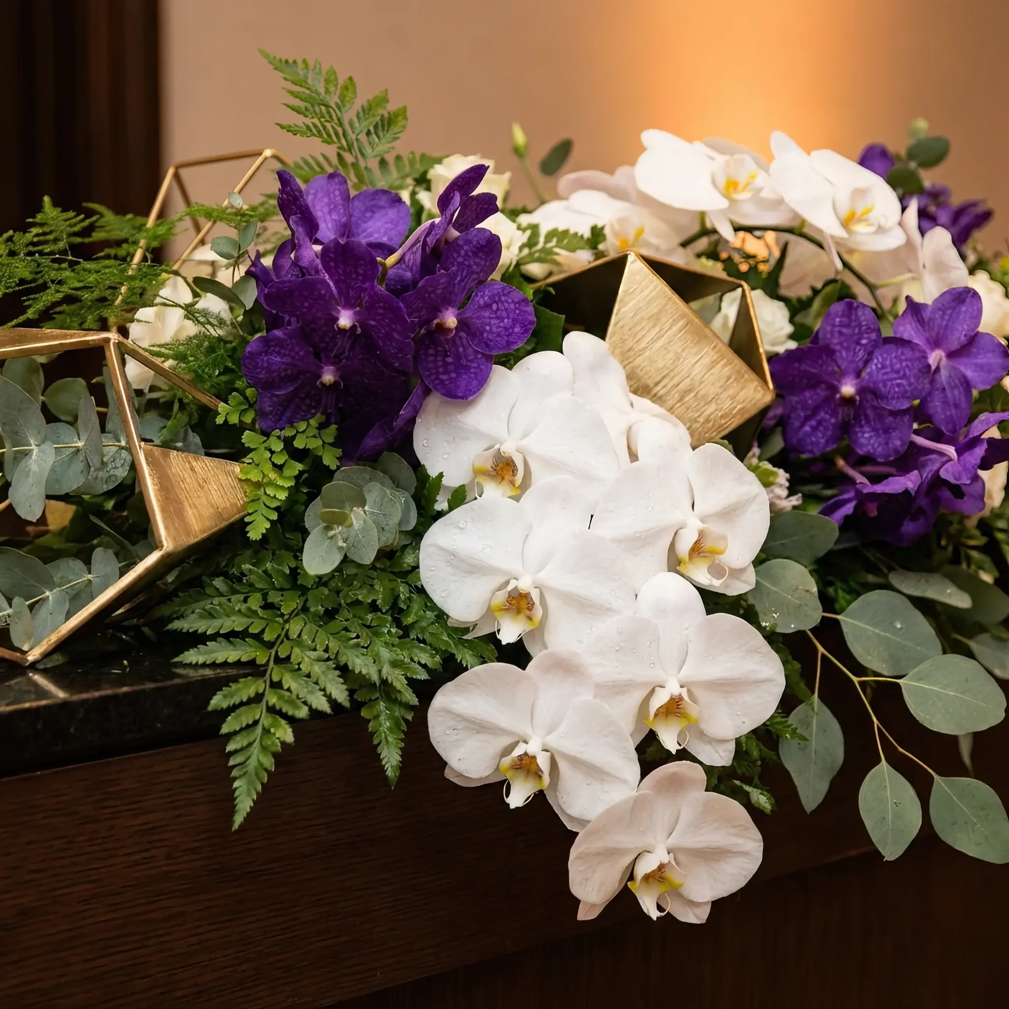 Interior detail: Wedding reception with built-in floral compositions and soft white glow