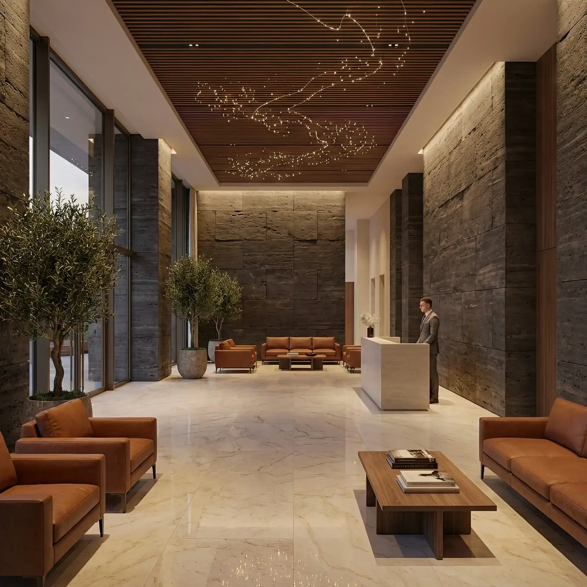 Архитектура и дизайн: Роскошный вестибюль с динамичным потолком, имитирующим млечный путь или северное сияние