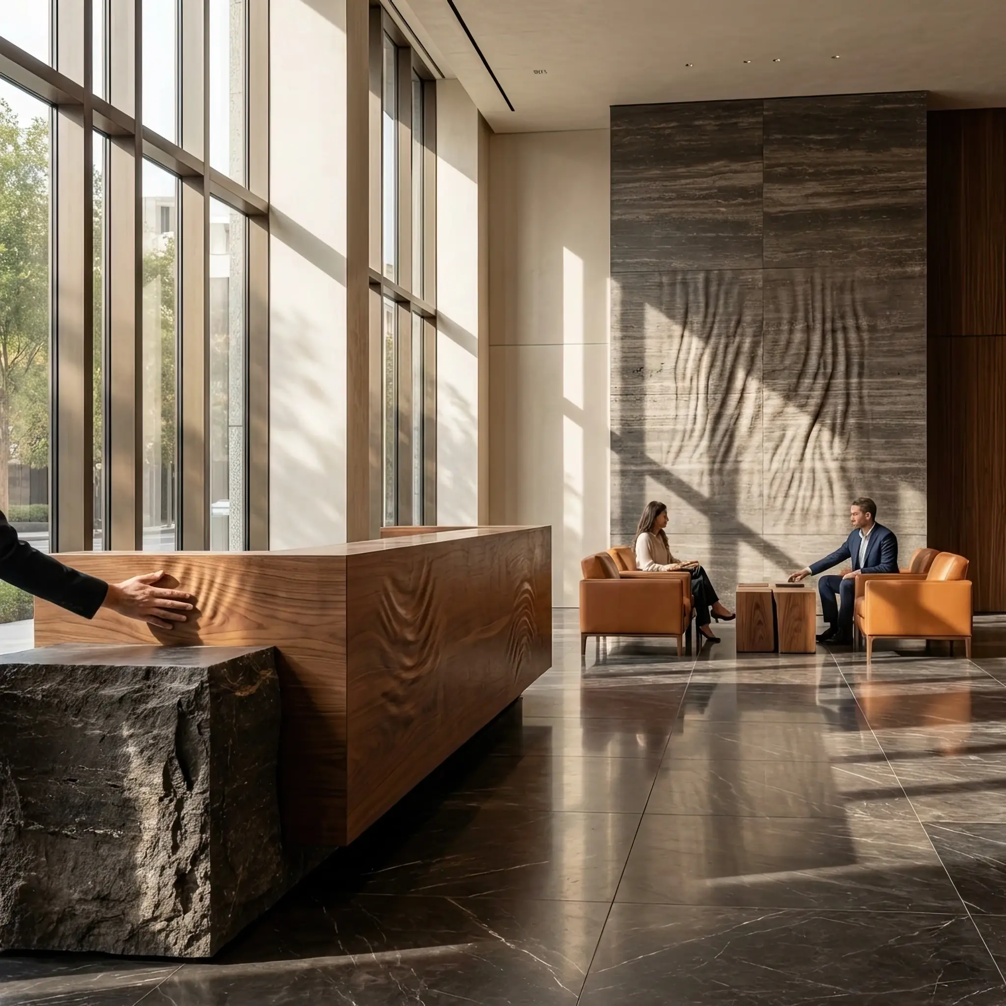 Архитектура и дизайн: Современное вестибюль с интерактивными панелями, которые физически меняют форму при прикосновении