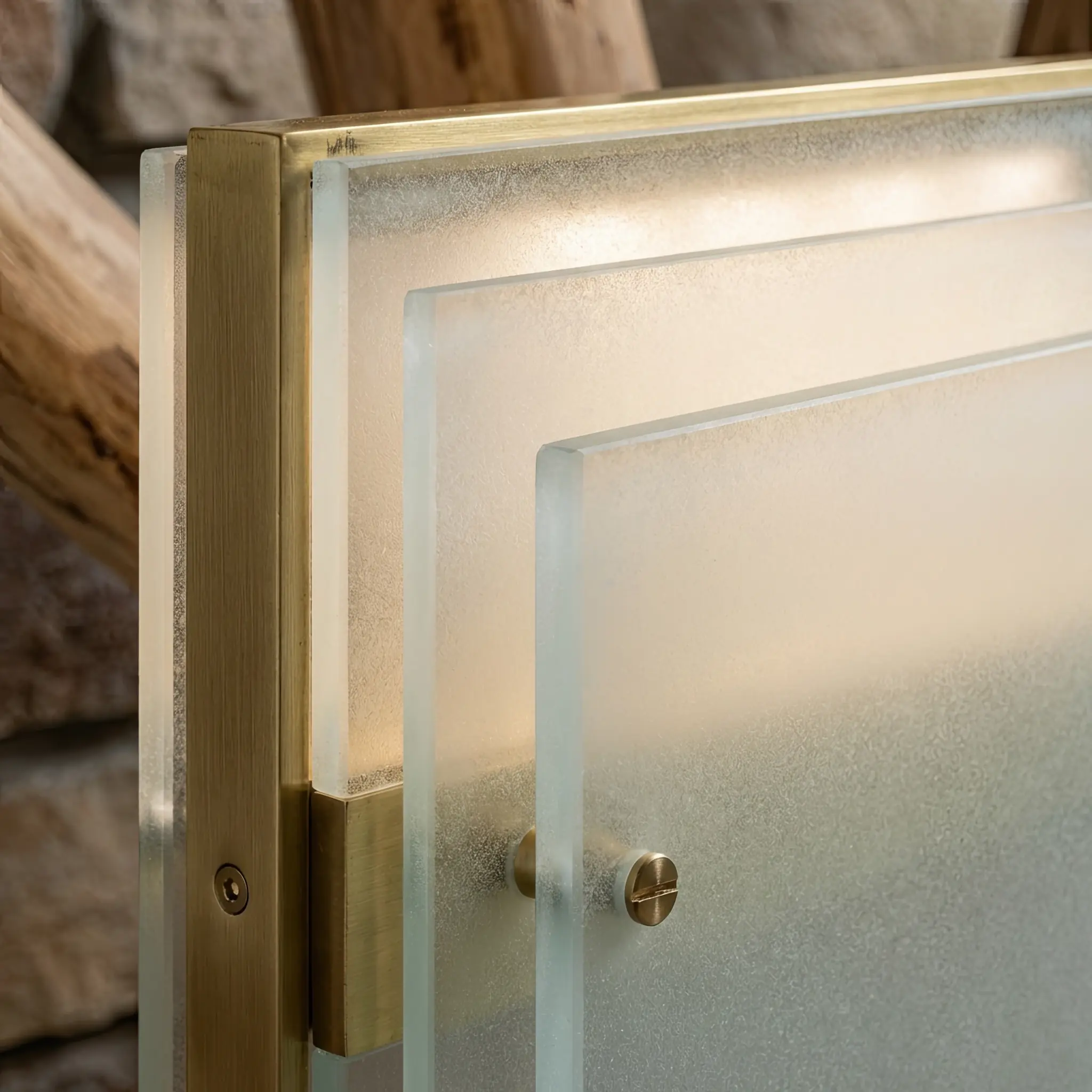 Interior detail: Detail of multi-layered glass facade with blur effect and neon glow