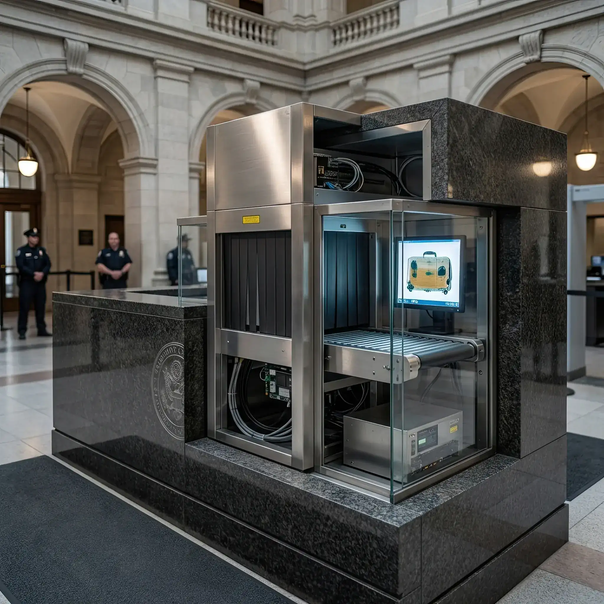 Interior detail: Scheme of integrating baggage scanning and biometrics systems into the desk construction