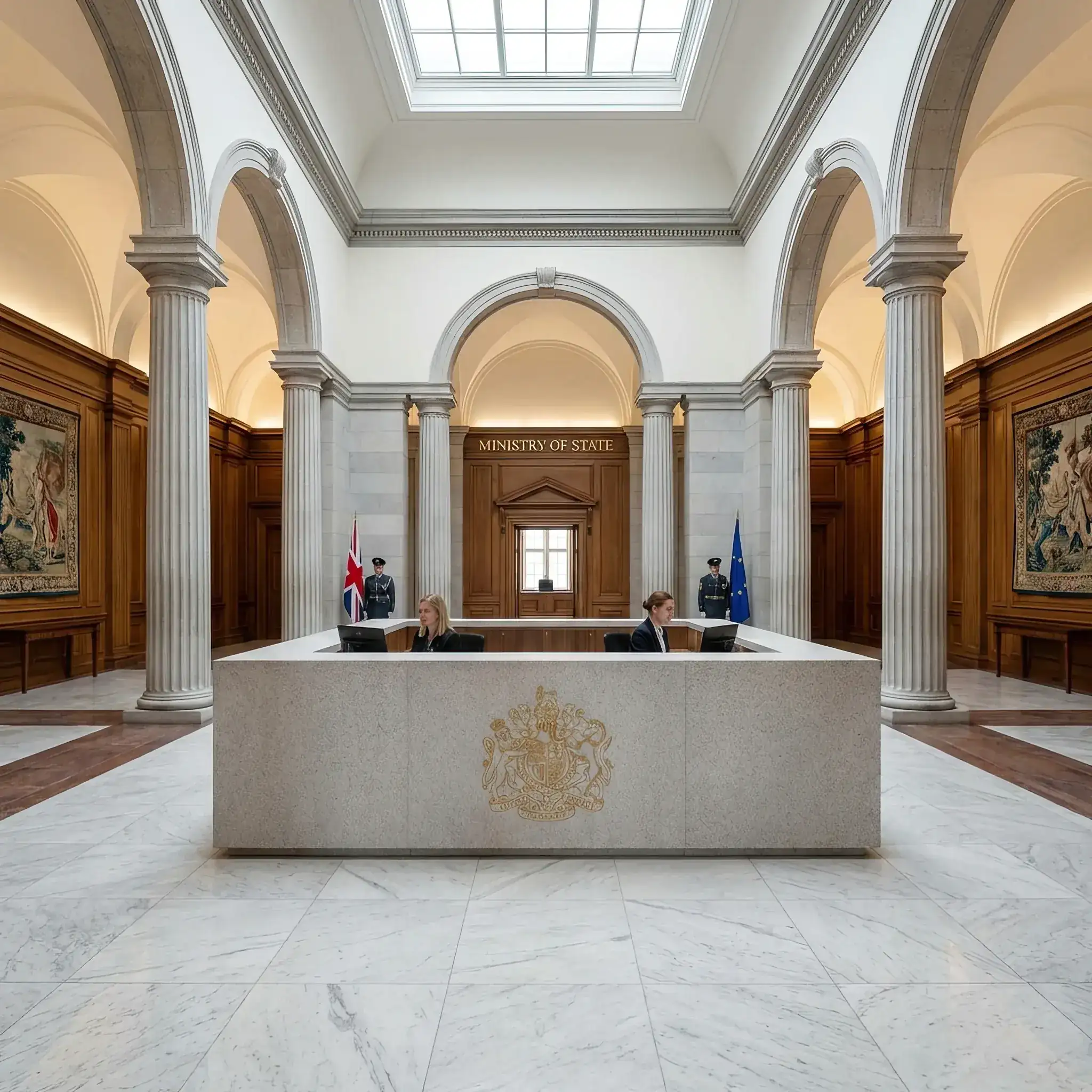 Архитектура и дизайн: Строгий и монументальный приемная в государственном ведомстве из светлого гранита с государственным гербом