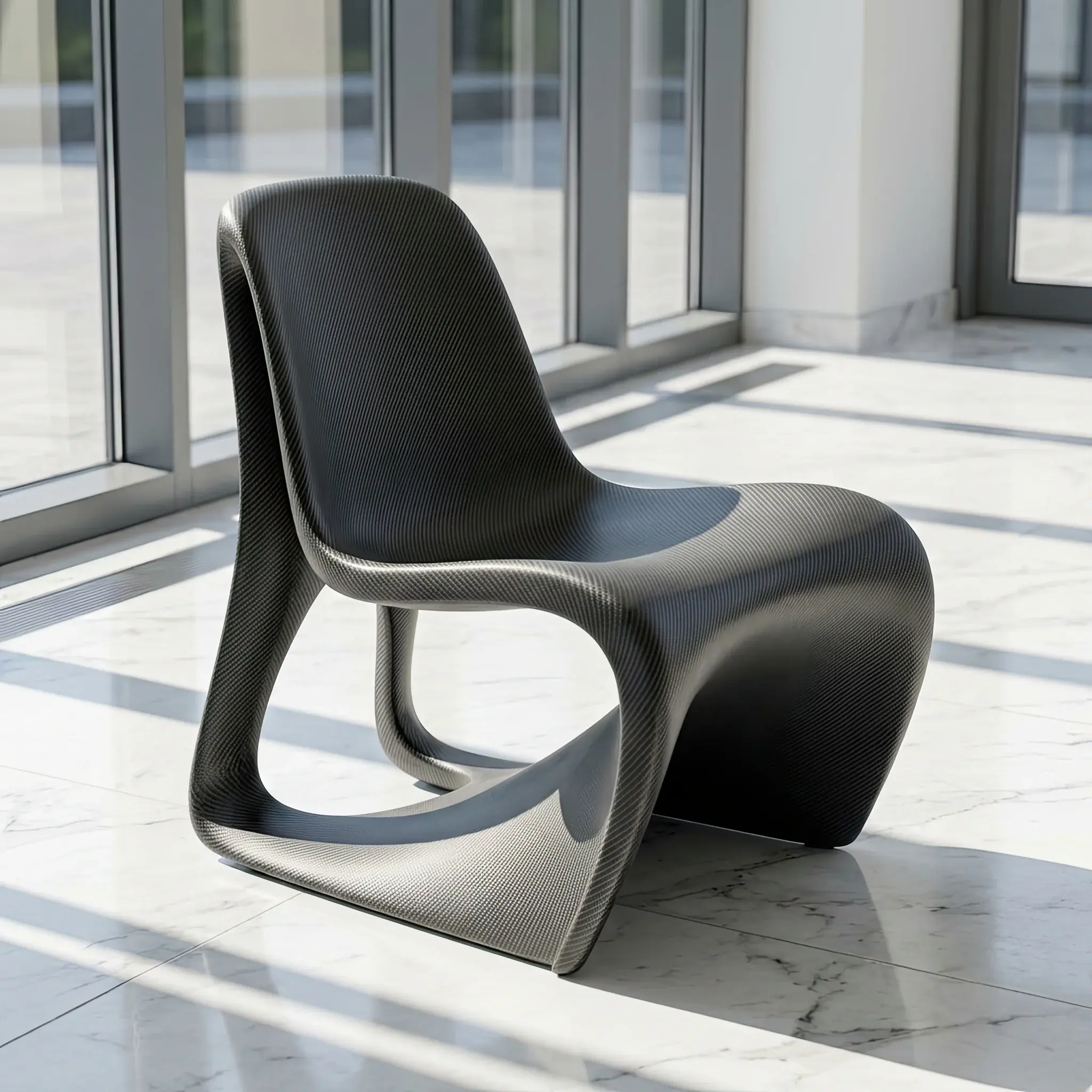 Архитектура и дизайн: Парящая в воздухе черная стойка приемная из графена, удерживаемая тонкими тросами