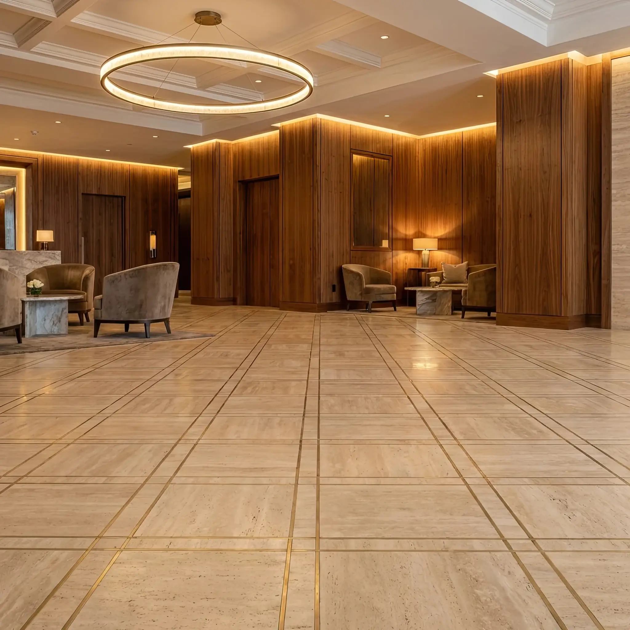 Архитектура и дизайн: Гость пересекает масштабное вестибюль, и его походка кажется неестественно легкой и быстрой благодаря микро-вибрациям пола, которые как бы подталкивают его вперед