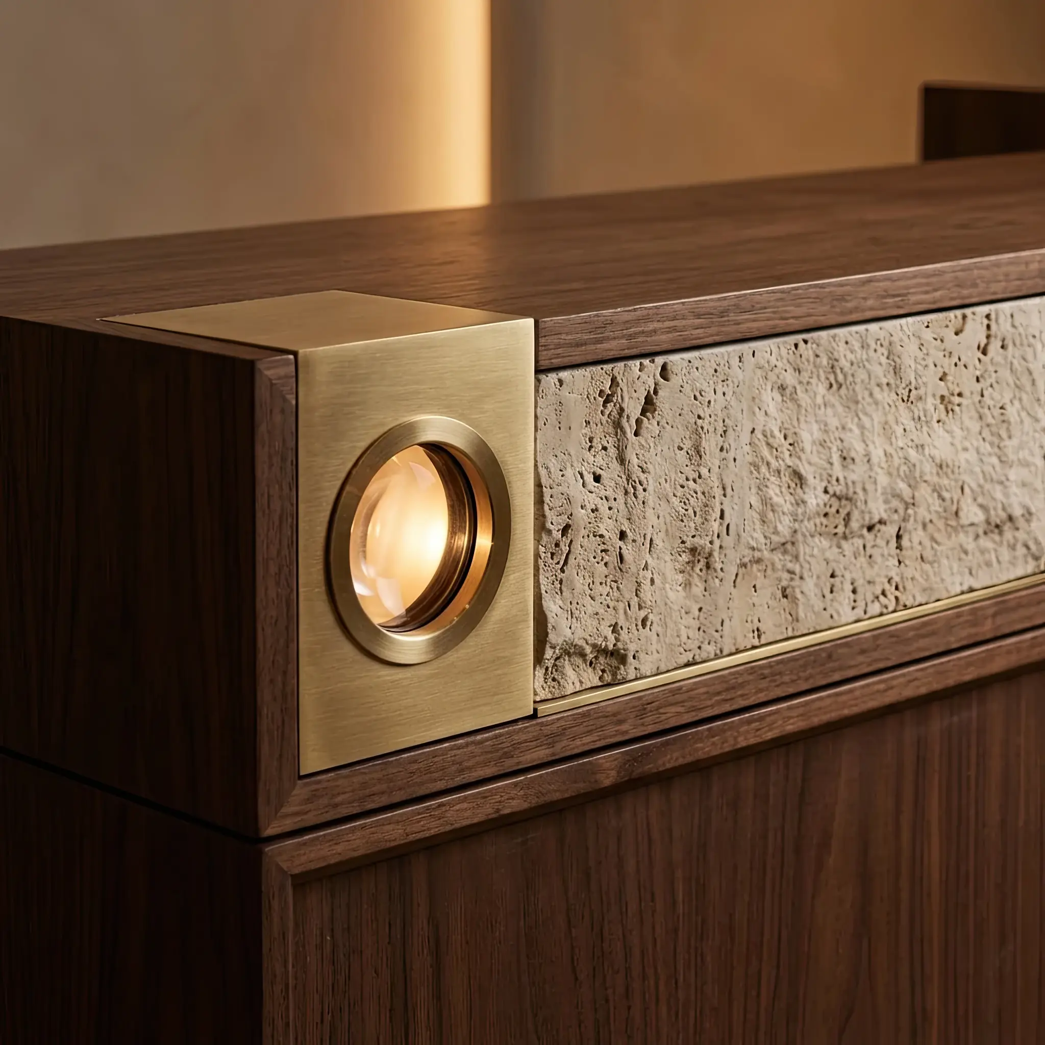 Interior detail: Holo-Core 2026 projection node integrated into a futuristic reception desk