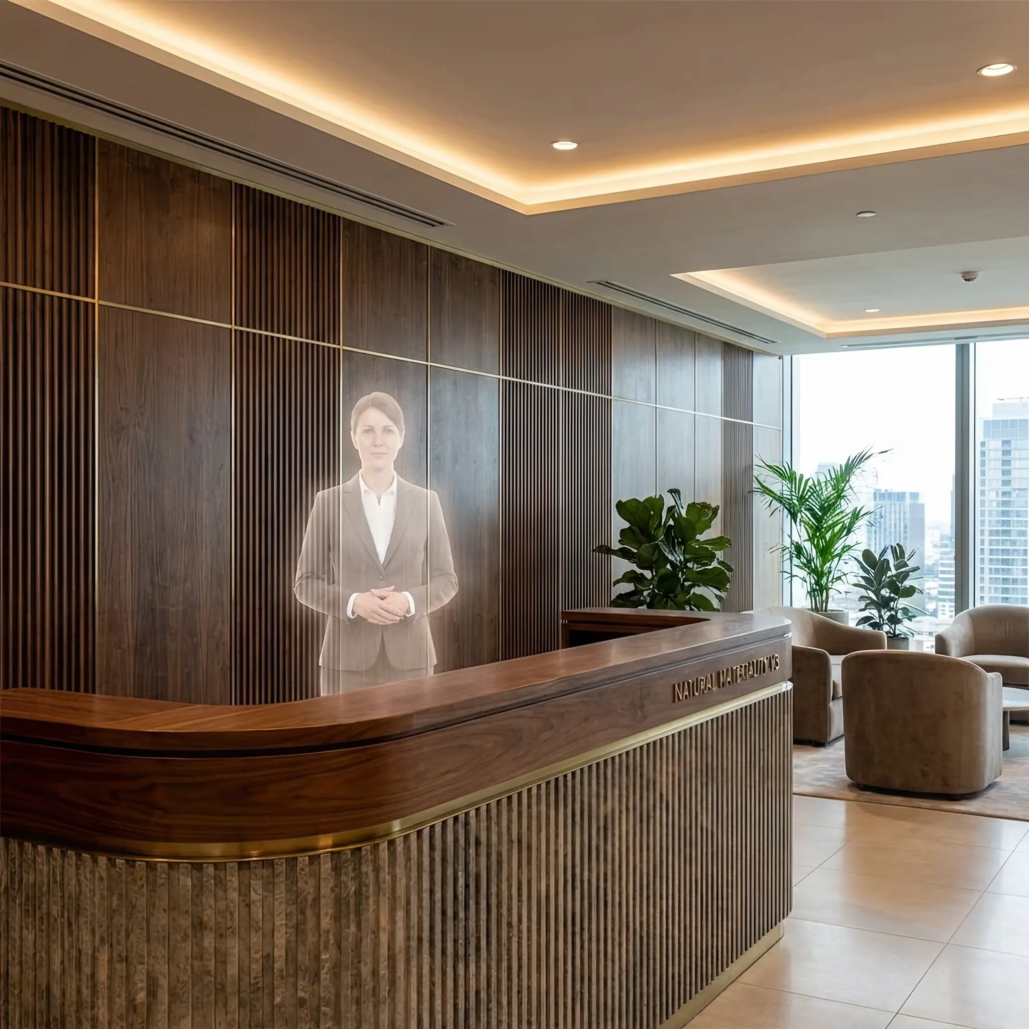 Архитектура и дизайн: В центре вестибюль появляется реалистичная объемная проекция консьержа-человека, которая приветствует гостя и помогает с регистрацией, не имея физического тела