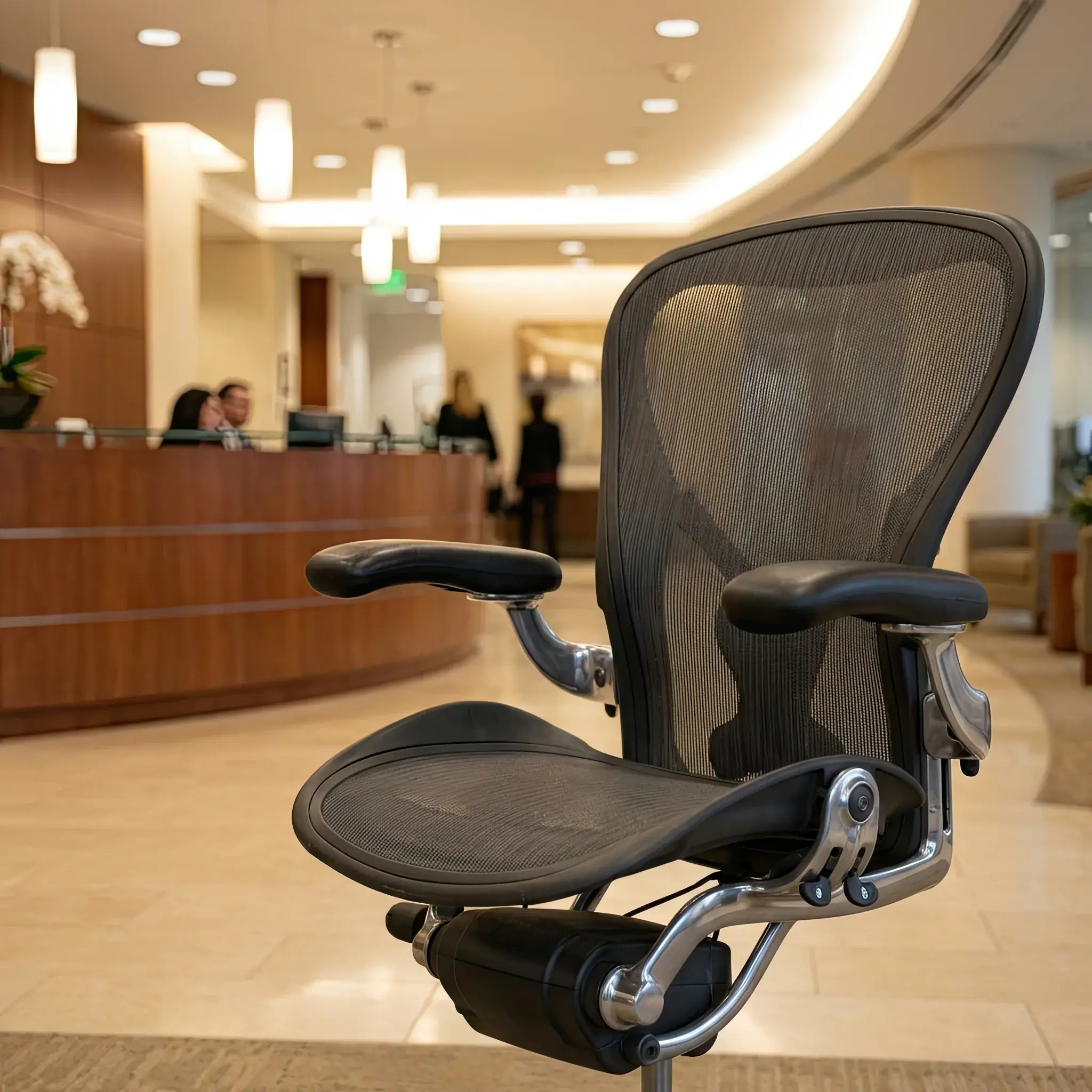 Архитектура и дизайн: Кресло Aeron за современным рабочим местом стойка регистрации с двумя мониторами