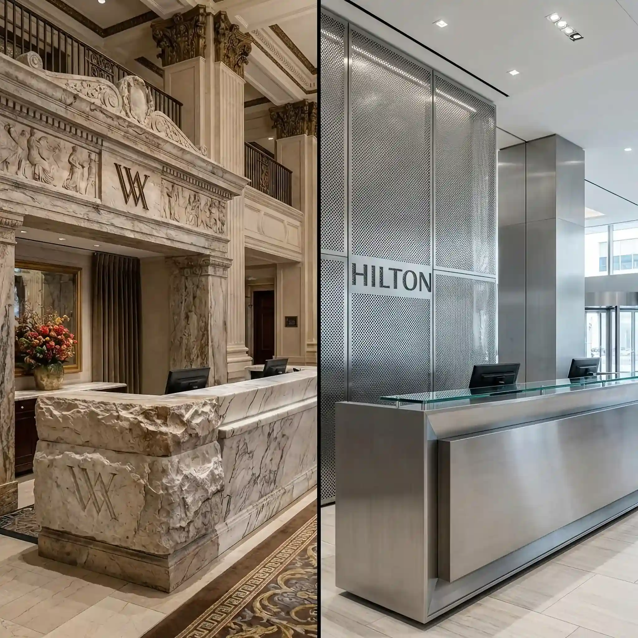 Interior detail: Comparison of reception zones across various Hilton brands