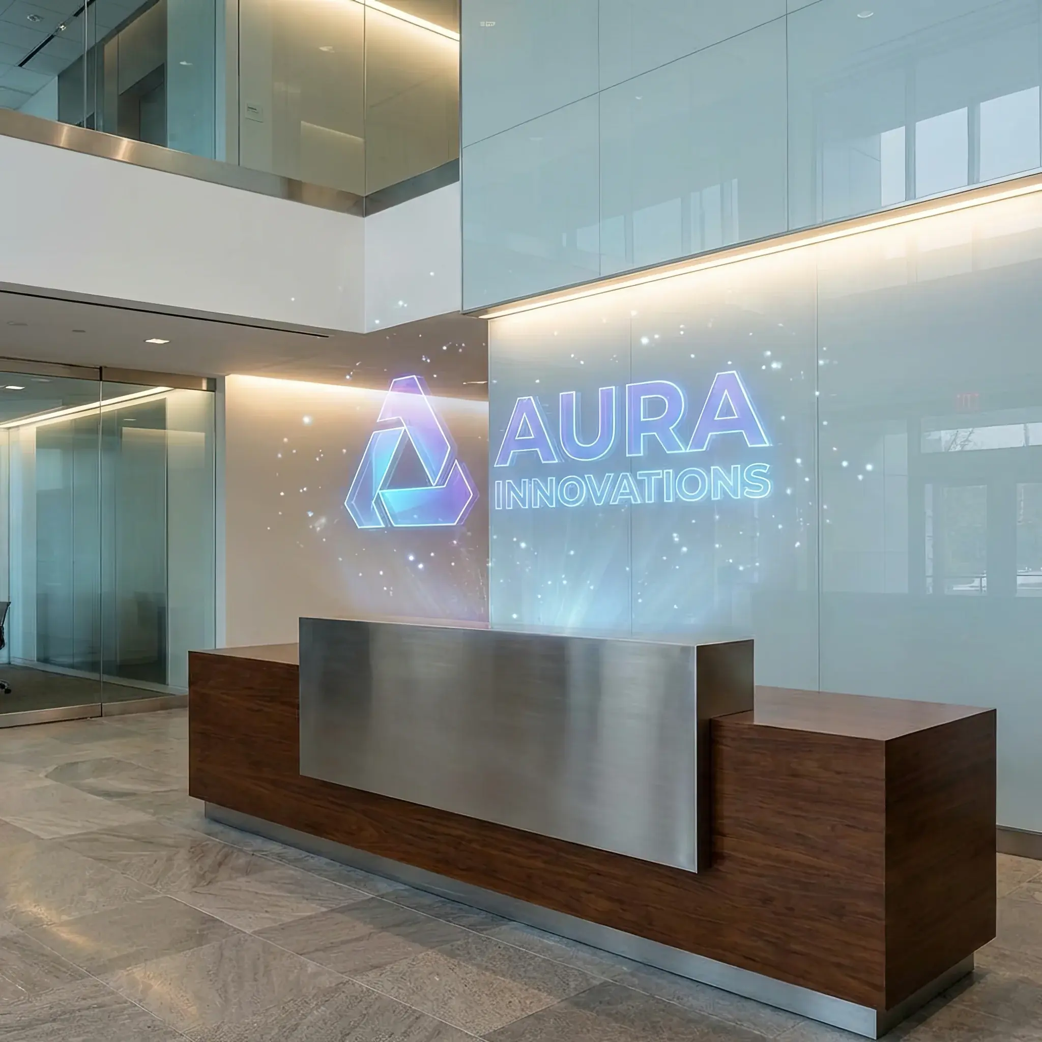 Архитектура и дизайн: Парящий в воздухе золотой логотип компании над стойкой приемная