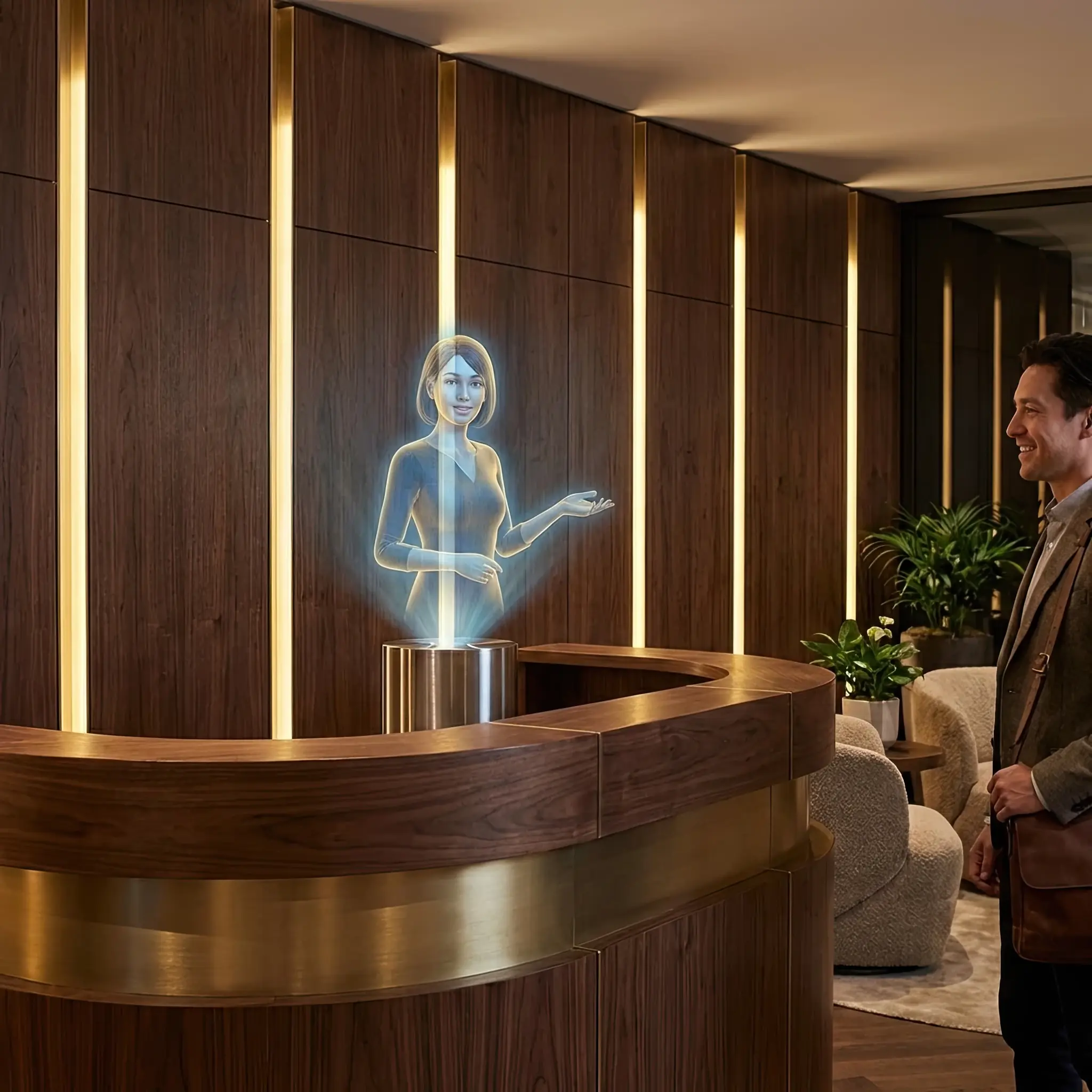 Архитектура и дизайн: Фотореалистичный голографический аватар приветствует резидента у стойки приемная, паря в воздухе