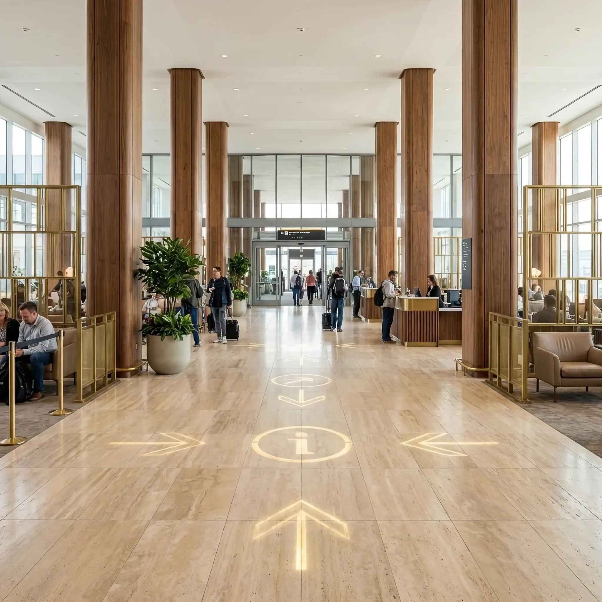 Архитектура и дизайн: Гость в вестибюль следует за парящей в воздухе голографической стрелкой, указывающей путь к нужной встрече