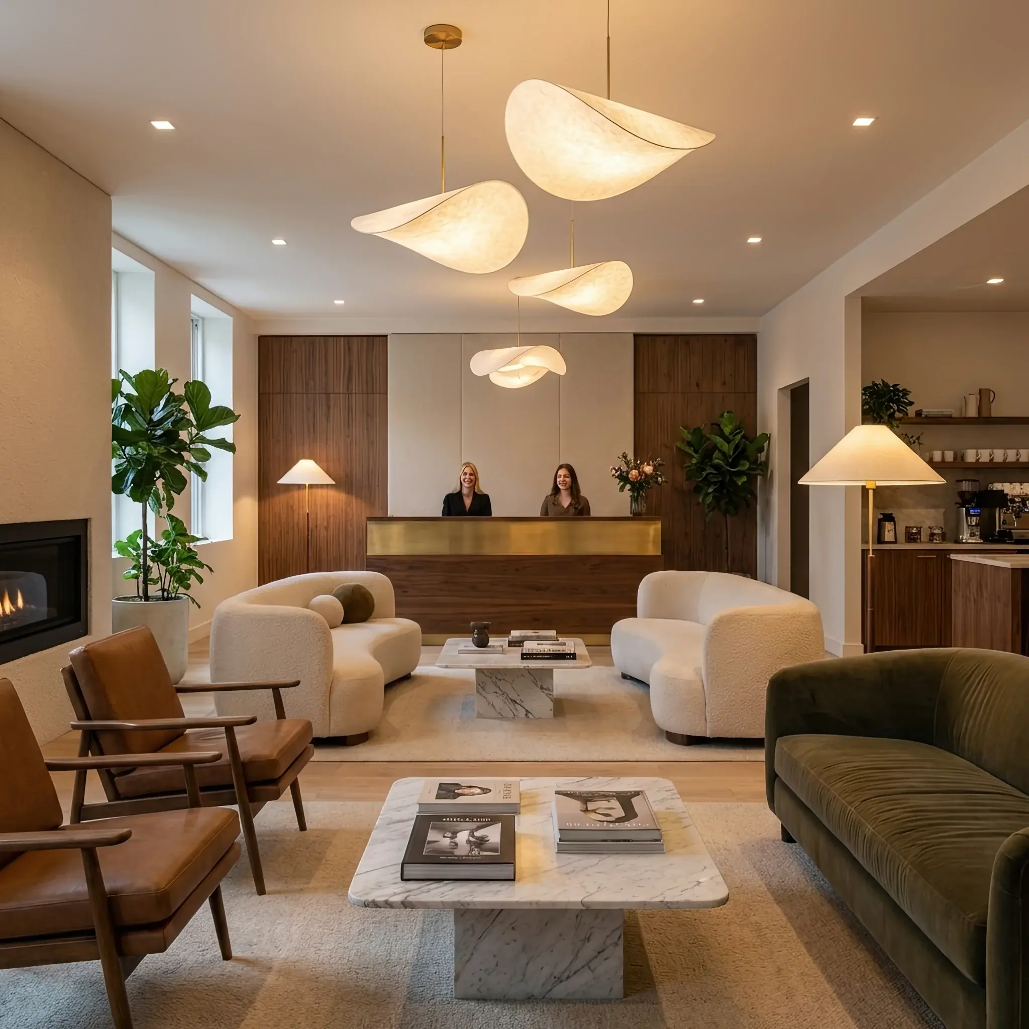 Архитектура и дизайн: Роскошное офисное вестибюль с мягкими зонами ожидания, кофе-станцией и премиальной стойкой приемная