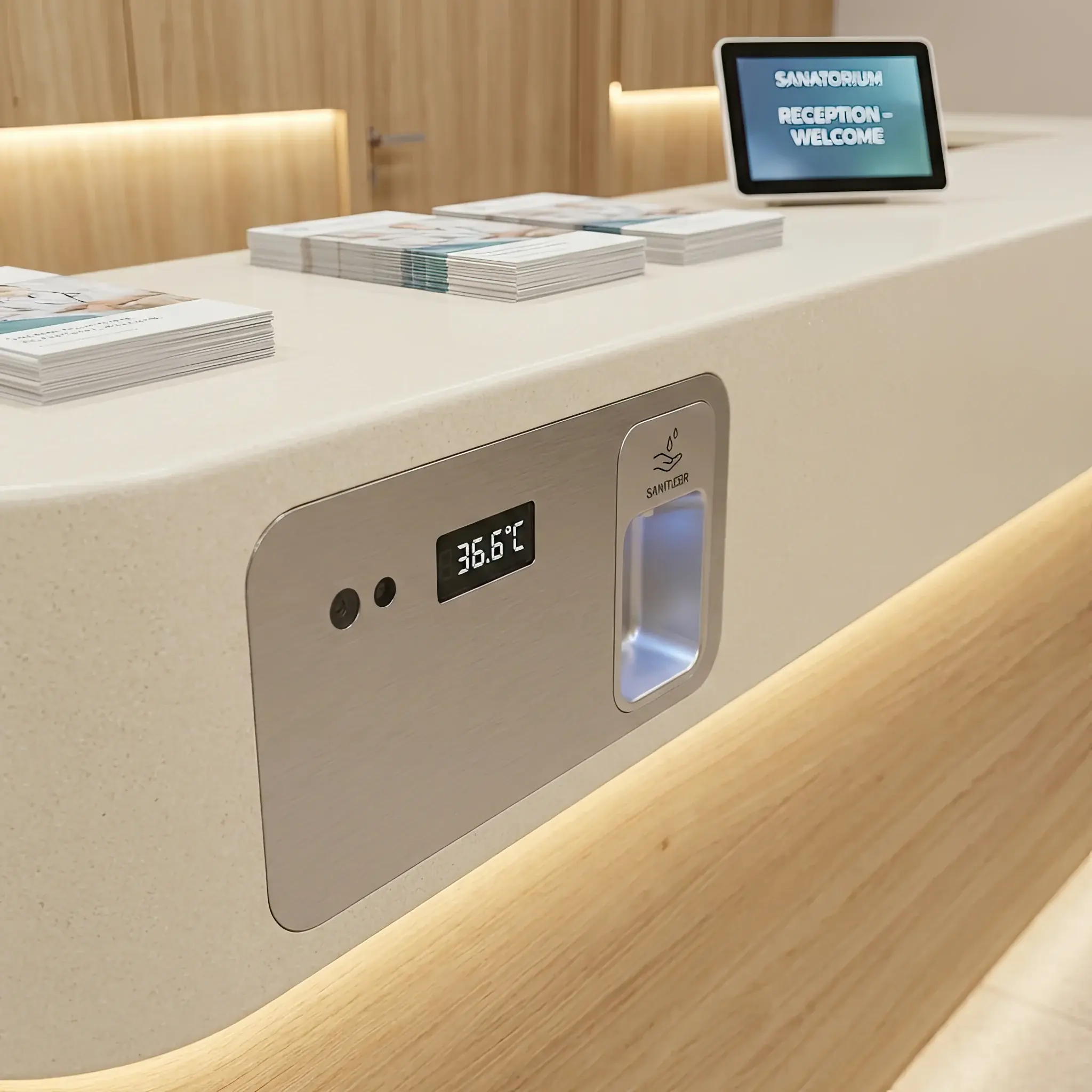 Interior detail: Sanatorium reception desk with built-in medical module and comfortable chairs nearby