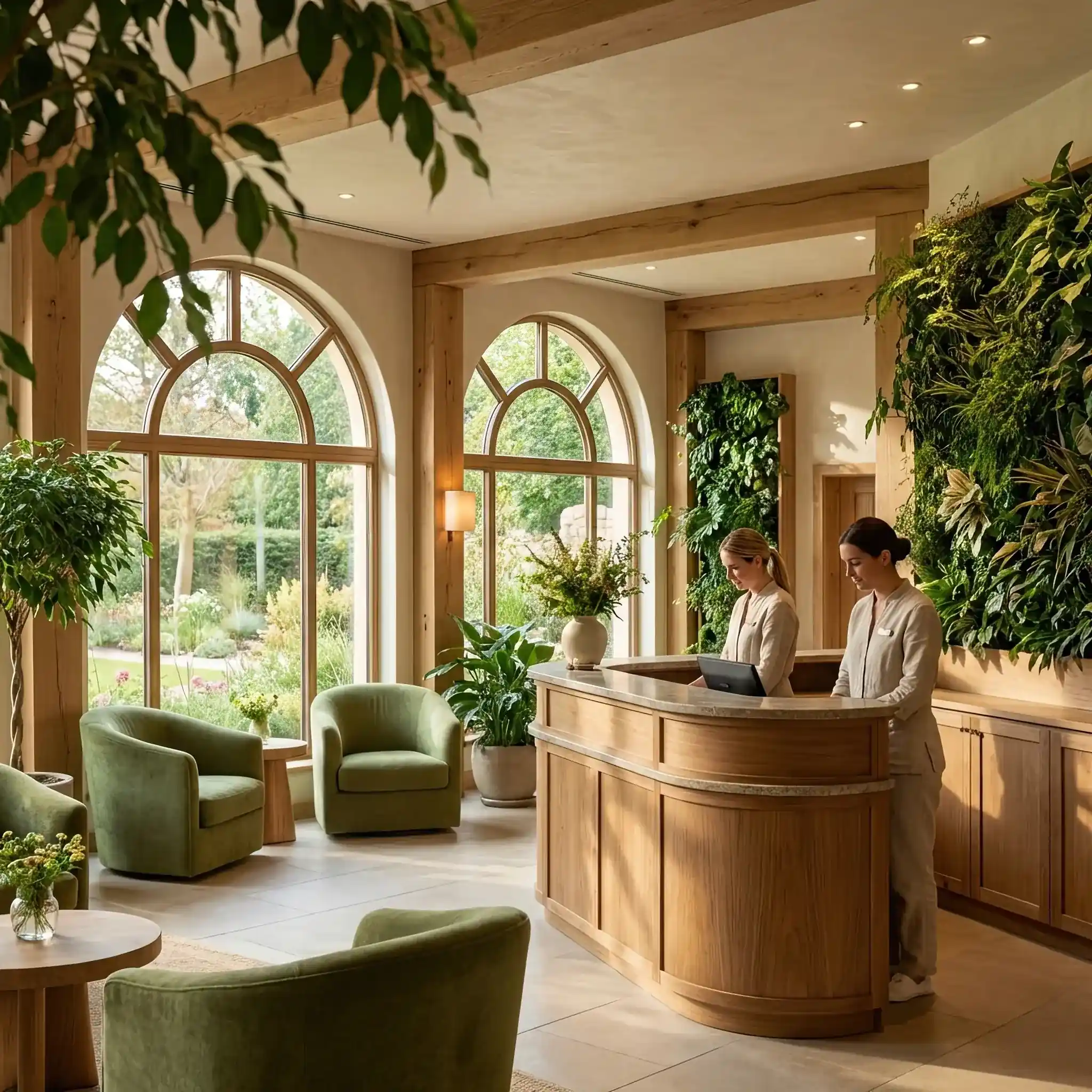 Архитектура и дизайн: Роскошный приемная пятизвездочного отеля из белого мрамора и латуни с мягким теплым светом