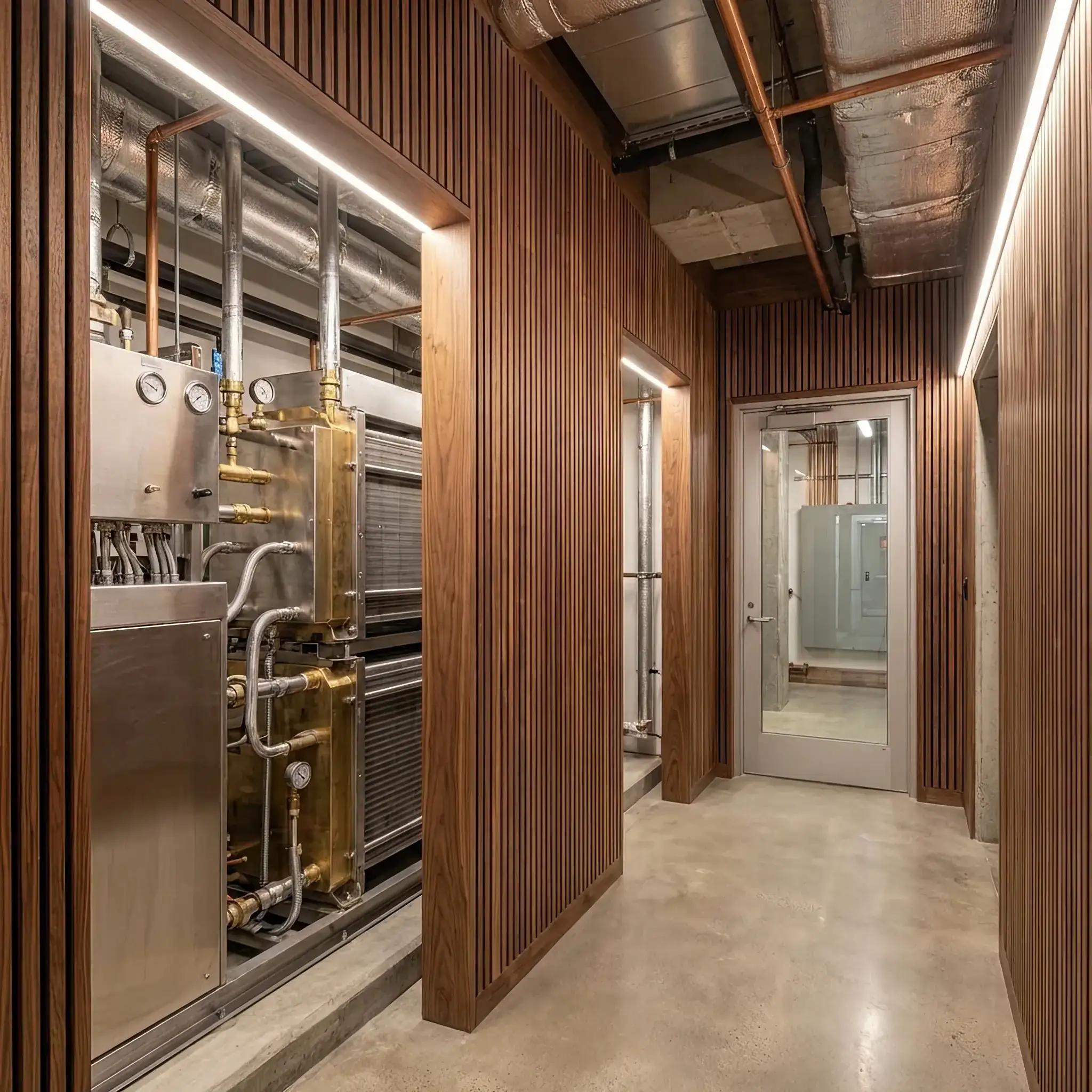 Архитектура и дизайн: Компактная водородная энергоустановка в технической зоне вестибюль, обеспечивающая здание чистым током в случае аварии