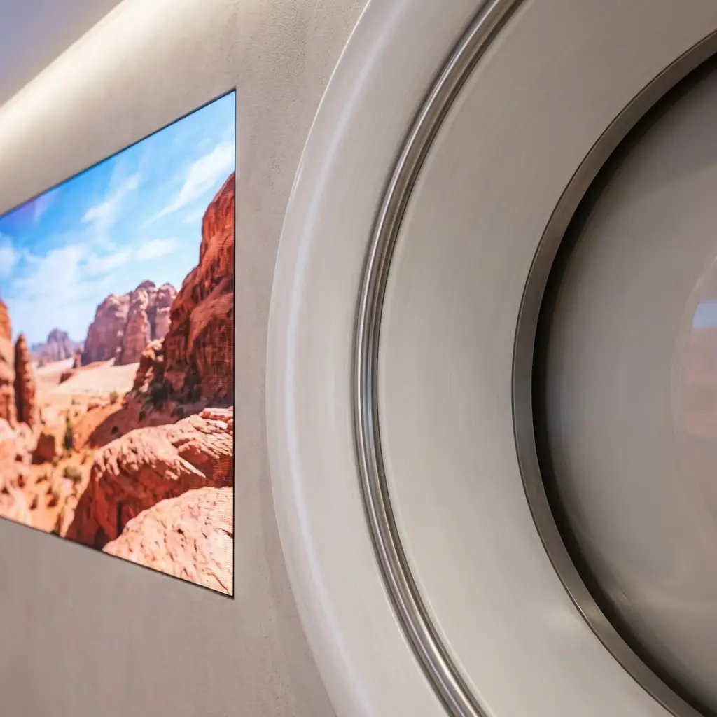 Interior detail: A Hyperloop boarding portal with a digital window-screen