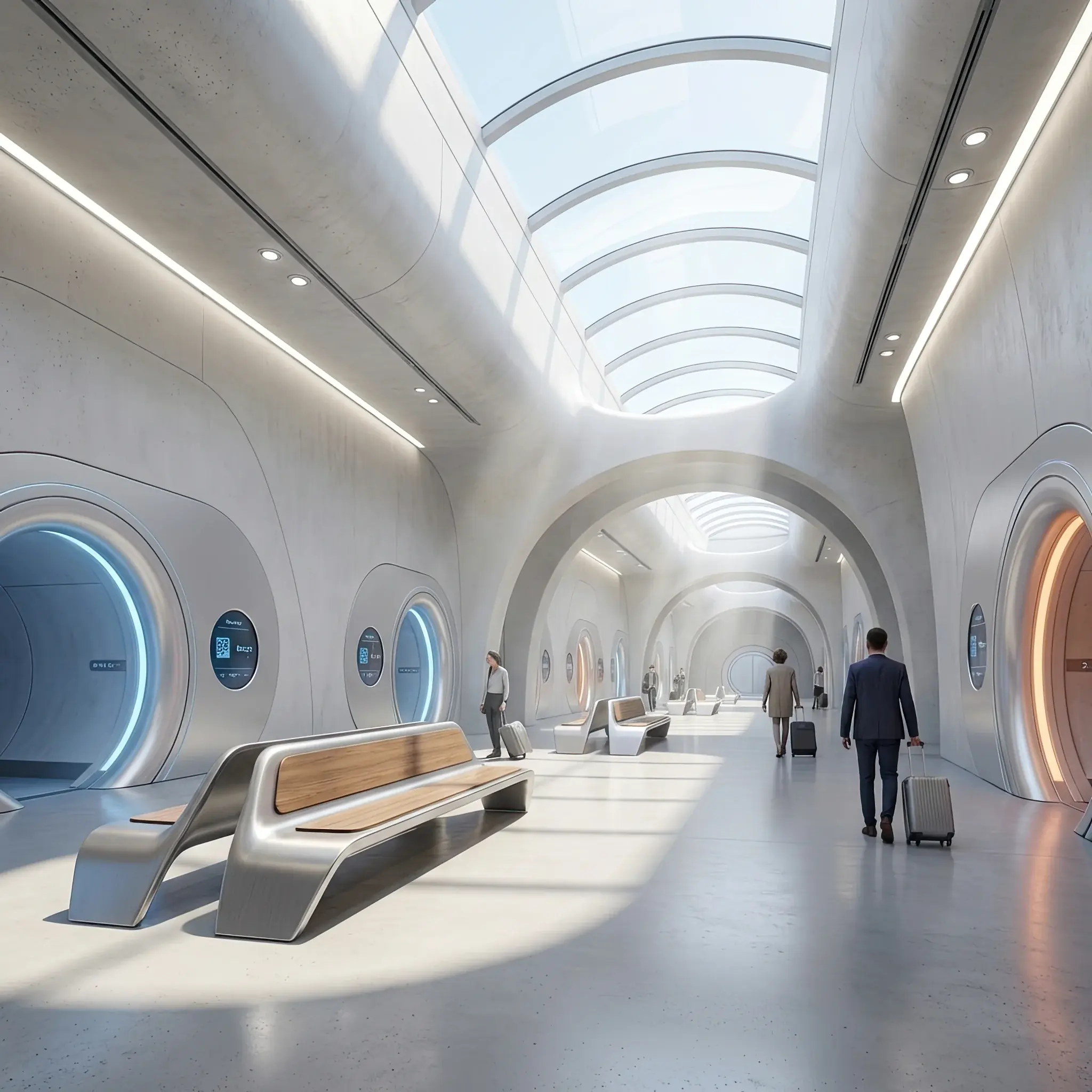 Архитектура и дизайн: Футуристический интерьер станции Hyperloop с гладкими белыми формами и светящимися порталами