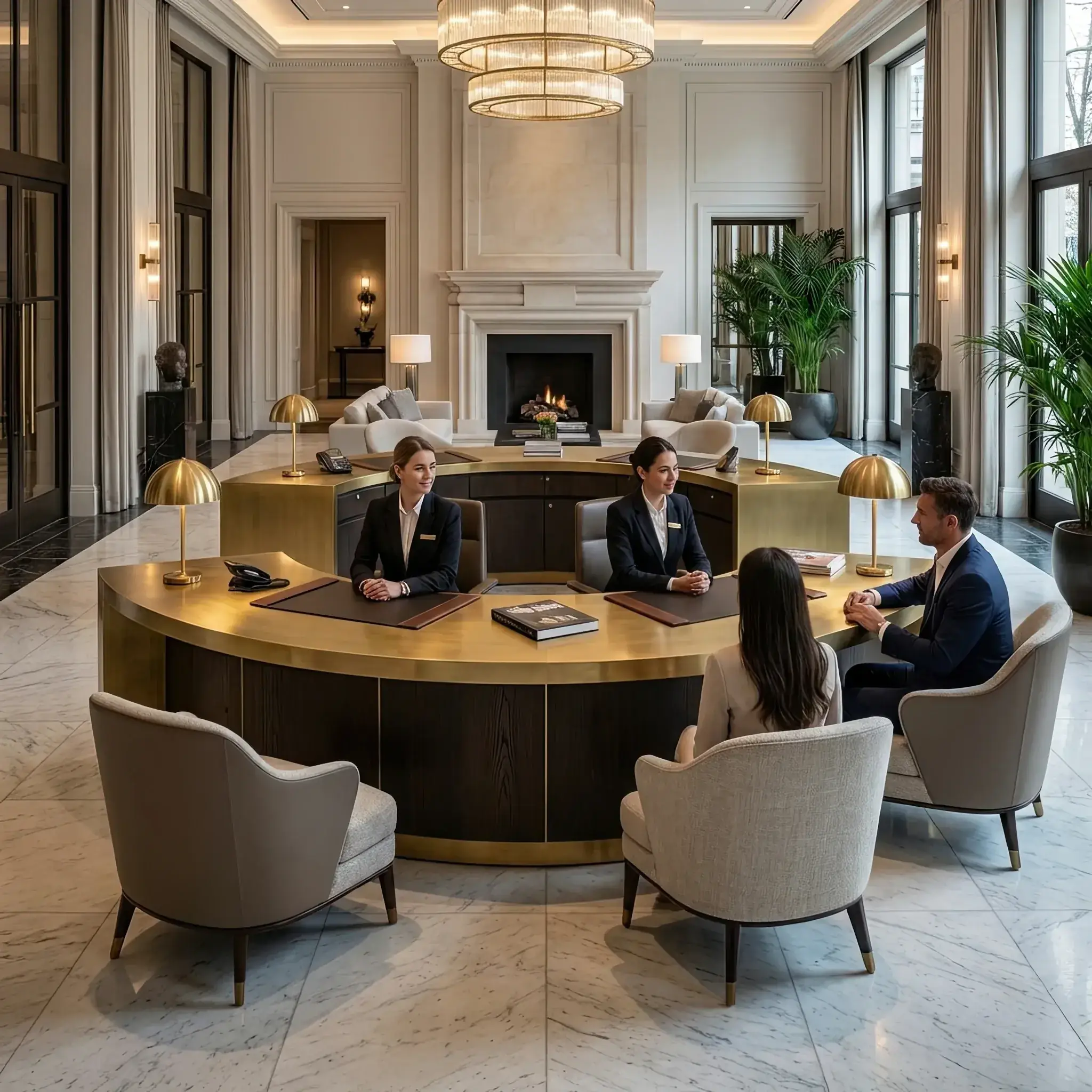 Архитектура и дизайн: Изящный робот-официант плавно скользит по вестибюль, доставляя напитки гостям и автоматически заряжаясь от скрытых в полу панелей