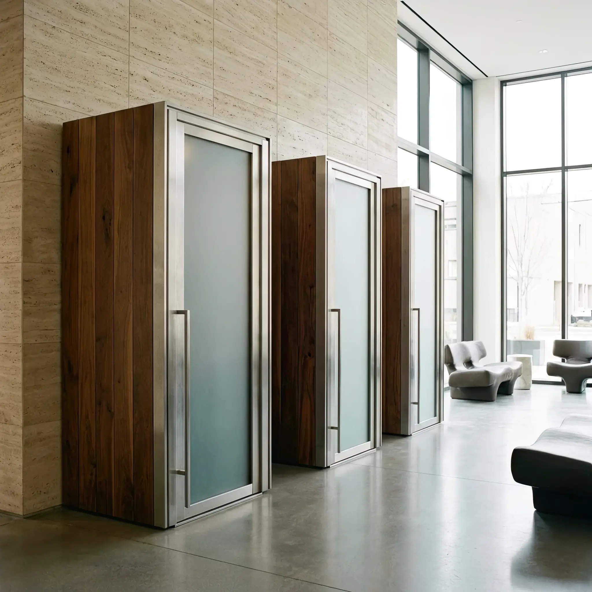 Архитектура и дизайн: В центре оживленного вестибюль стоит стеклянная кабина; как только гость заходит внутрь, её стены мгновенно превращаются из прозрачных в матово-белые, скрывая его от посторонних глаз