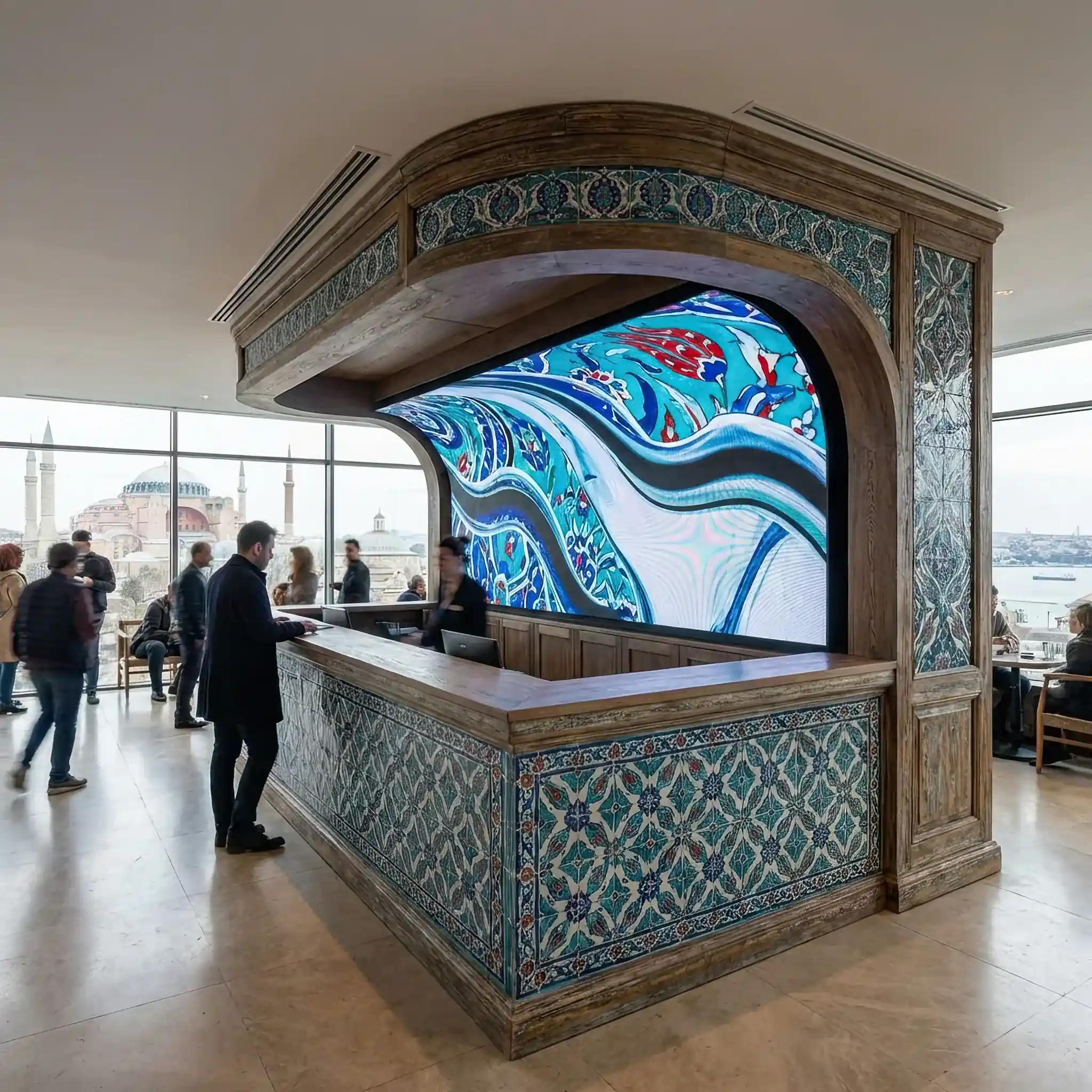 Архитектура и дизайн: Стойка приемная, облицованная бирюзовой плиткой Изник, со встроенным панорамным экраном