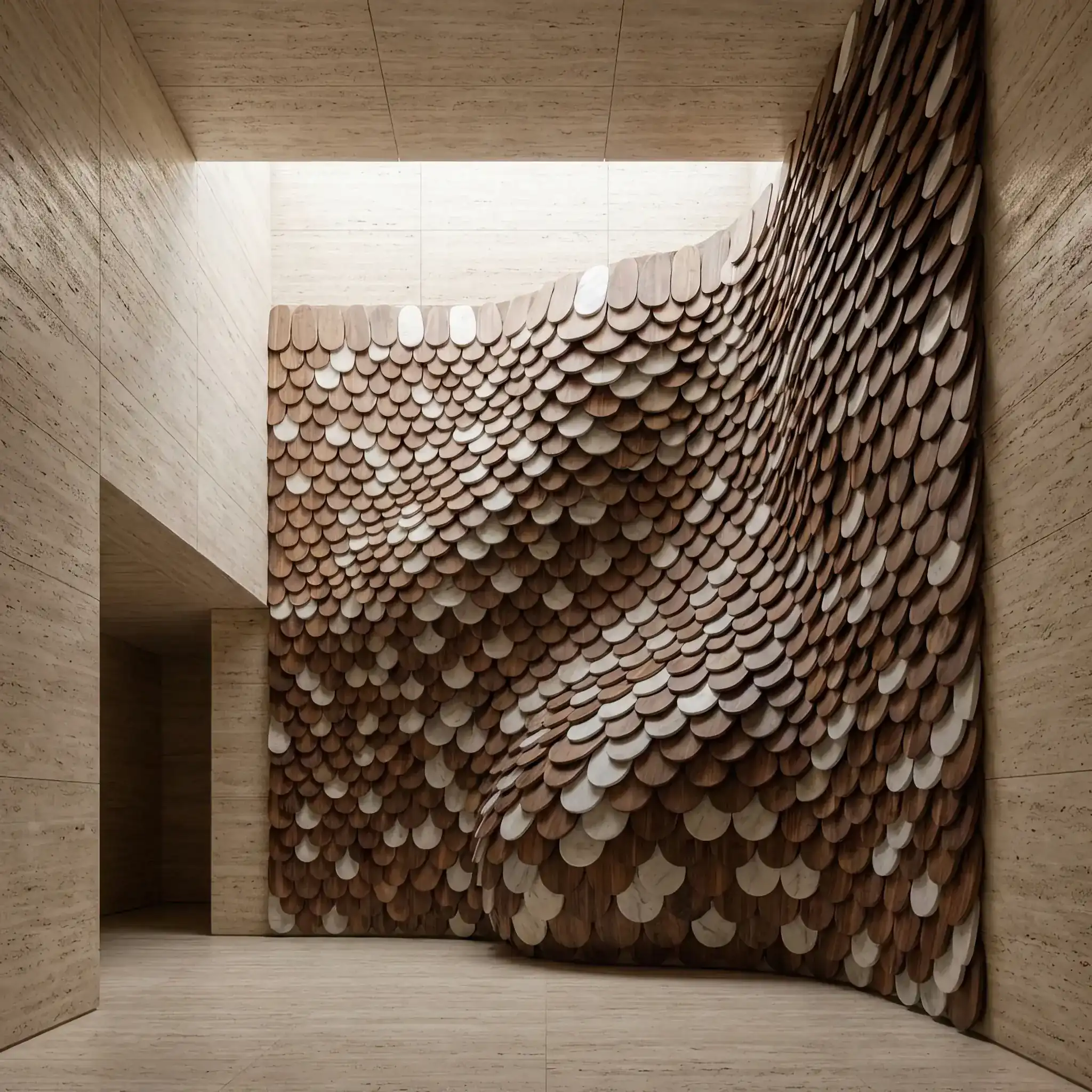 Архитектура и дизайн: Кинетическая скульптура в ценре вестибюль, фильтрующая воздух через изящное движение элементов