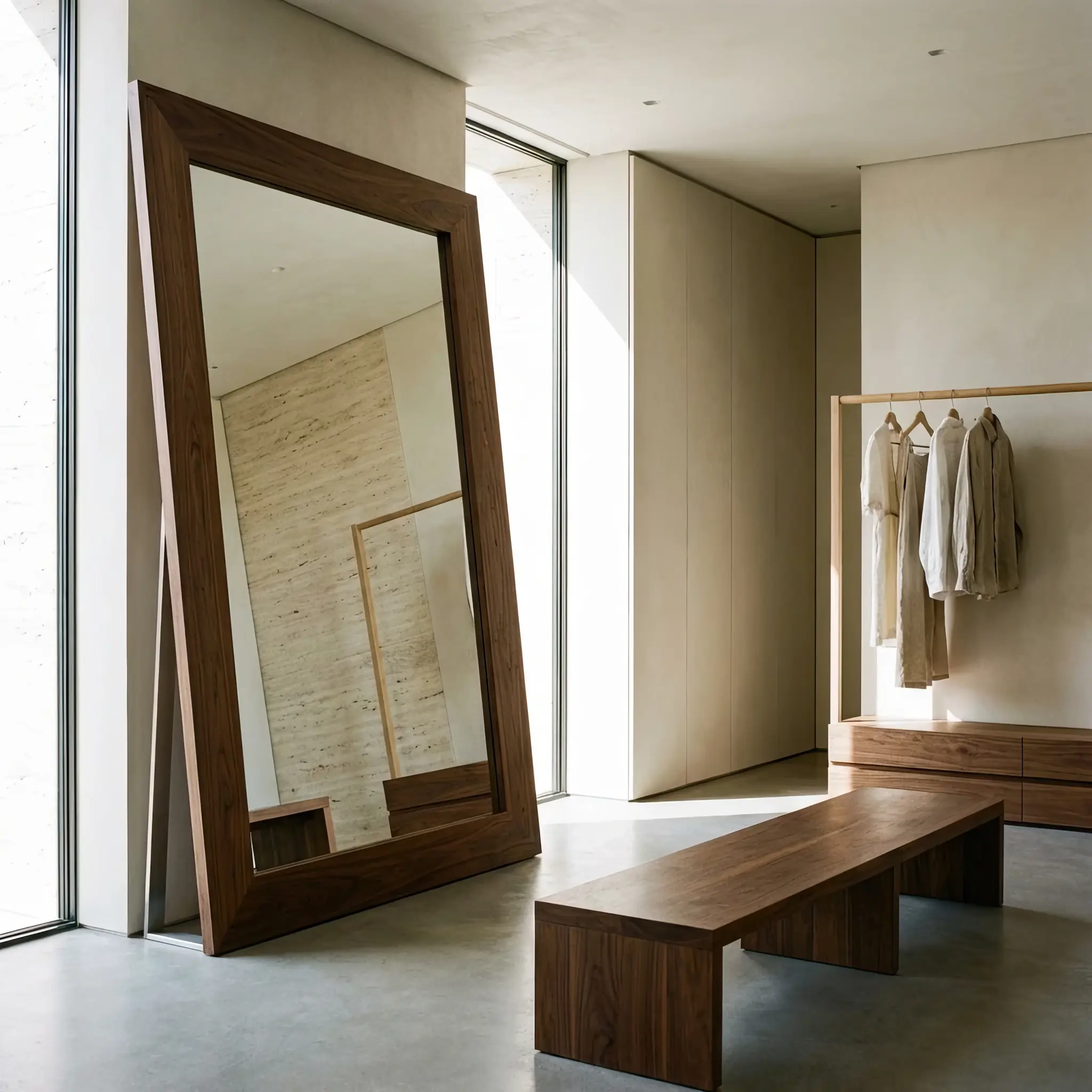 Архитектура и дизайн: Гость смотрит в зеркало в вестибюль, которое плавно прогибается на долю миллиметра, создавая идеальное освещение и ракурс