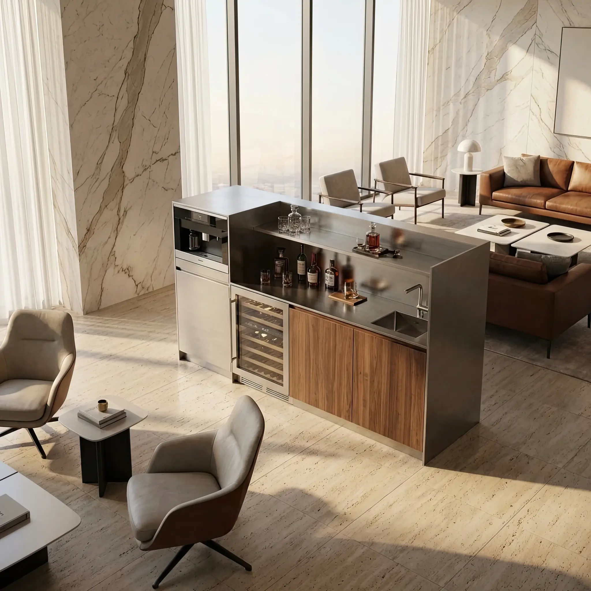 Архитектура и дизайн: Координатор сервиса напитков управляет движением левитирующих ингредиентов в динамичном пространстве вестибюль