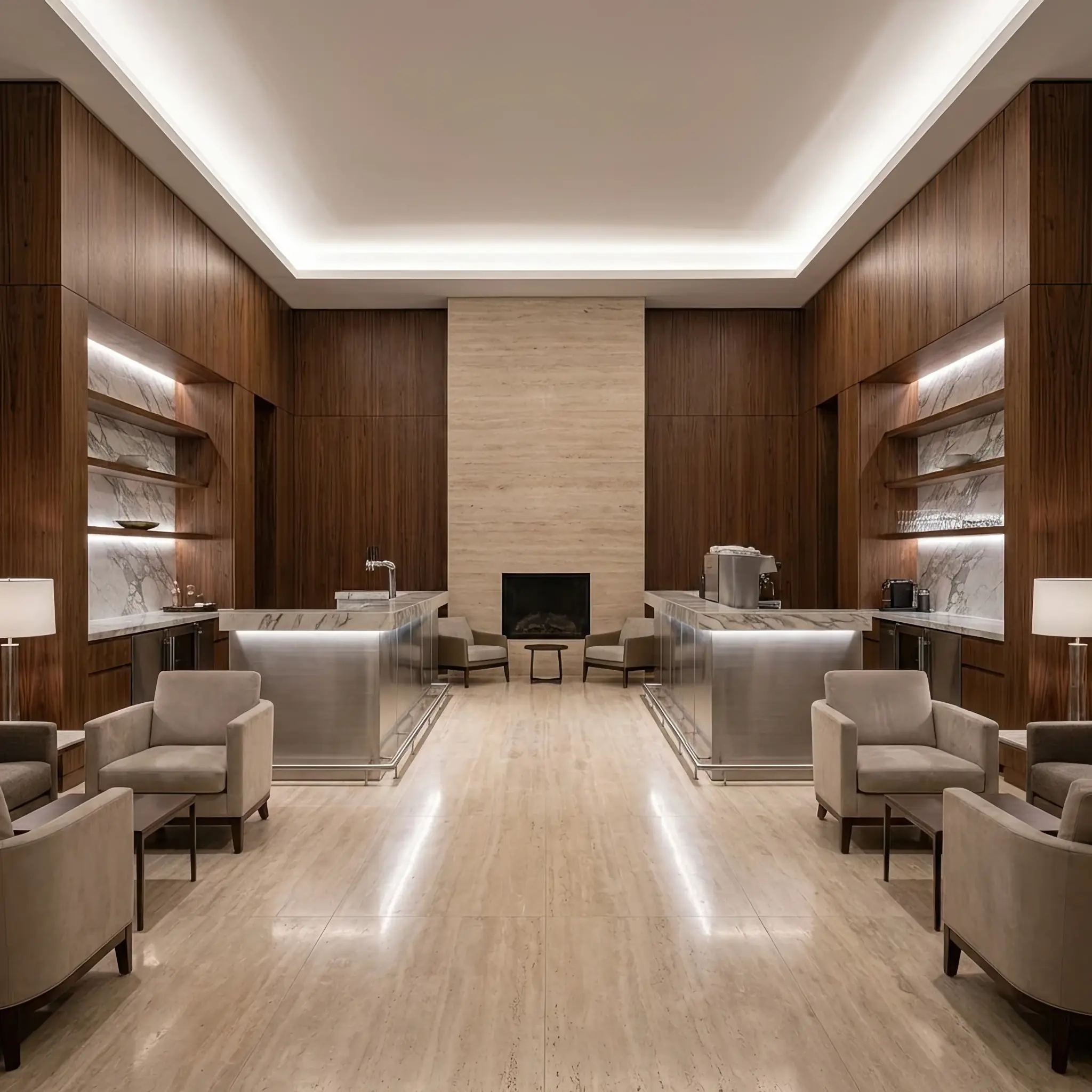 Архитектура и дизайн: Эксперт сервиса напитков контролирует молекулярную структуру парящего кофе в футуристическом атриуме