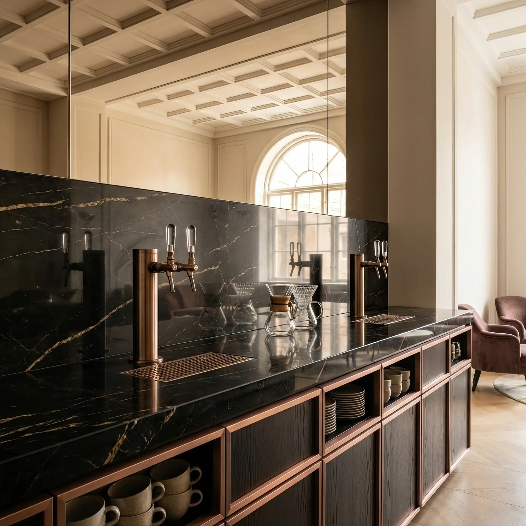 Архитектура и дизайн: Синхро-композитор сервиса напитков создает сложный градиентный коктейль в левитирующем бокале