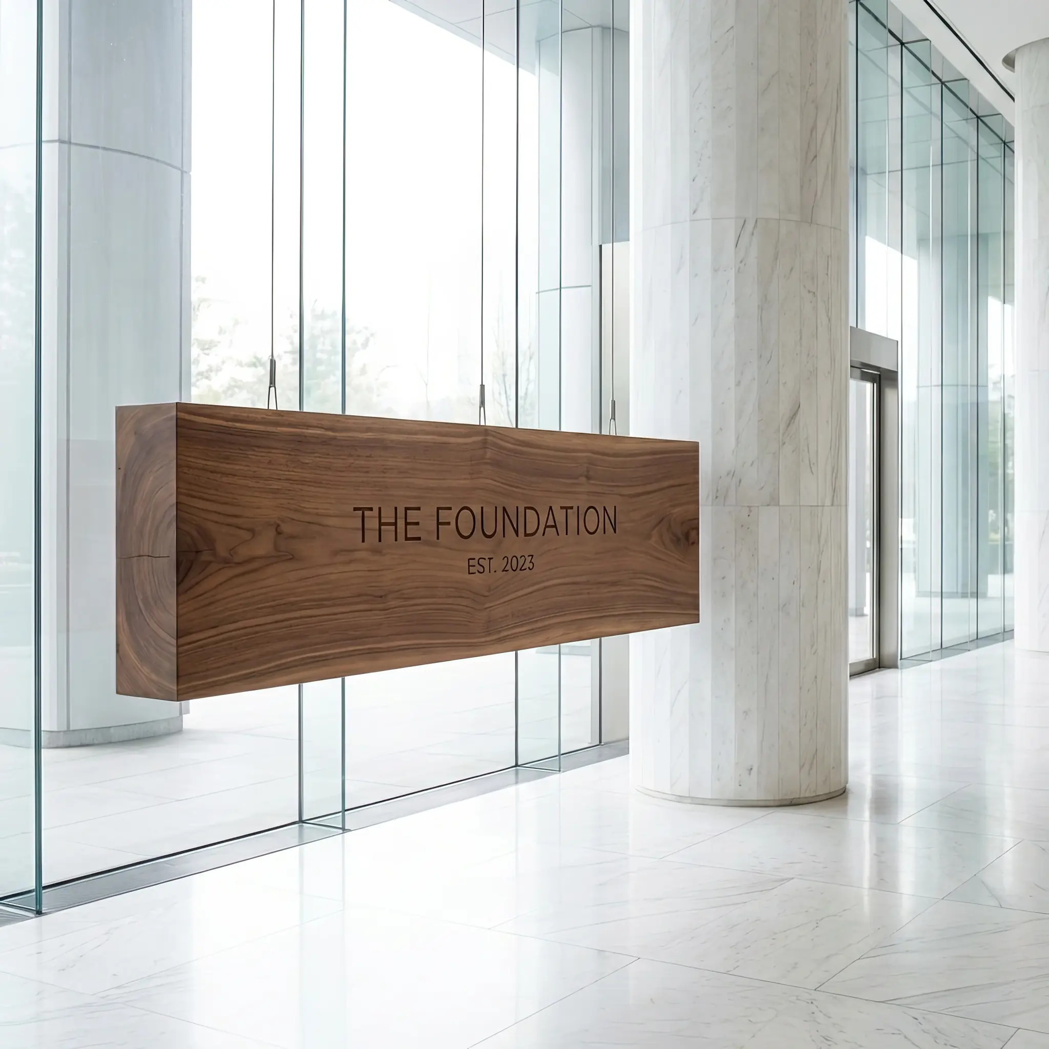 Архитектура и дизайн: Стрелки и надписи парят в воздухе вестибюль, указывая путь к лифтам и ресторану без использования физических стоек