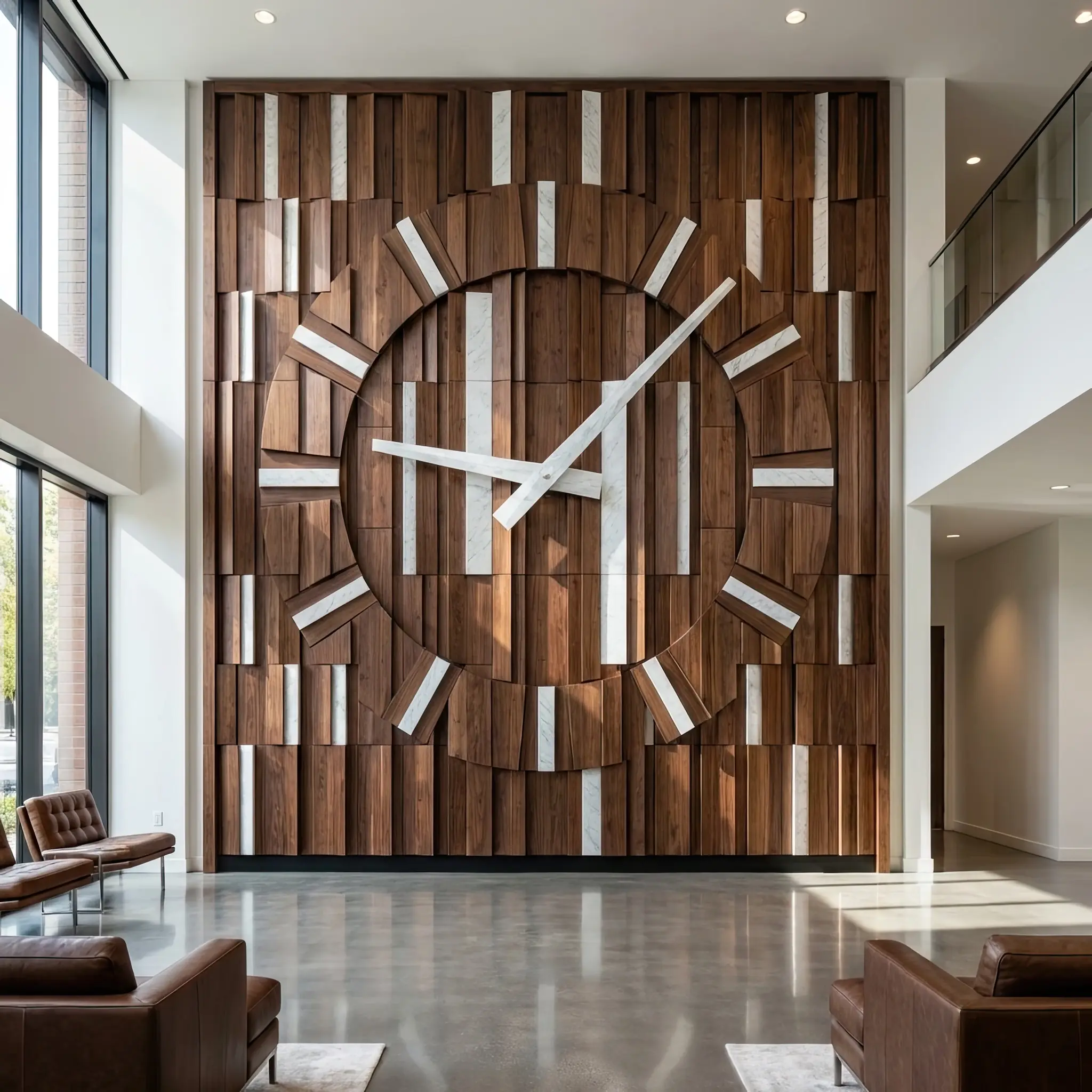 Архитектура и дизайн: Скульптурная инсталляция в центре вестибюль плавно меняет свою геометрию, визуализируя текущее время через сложную игру света и тени
