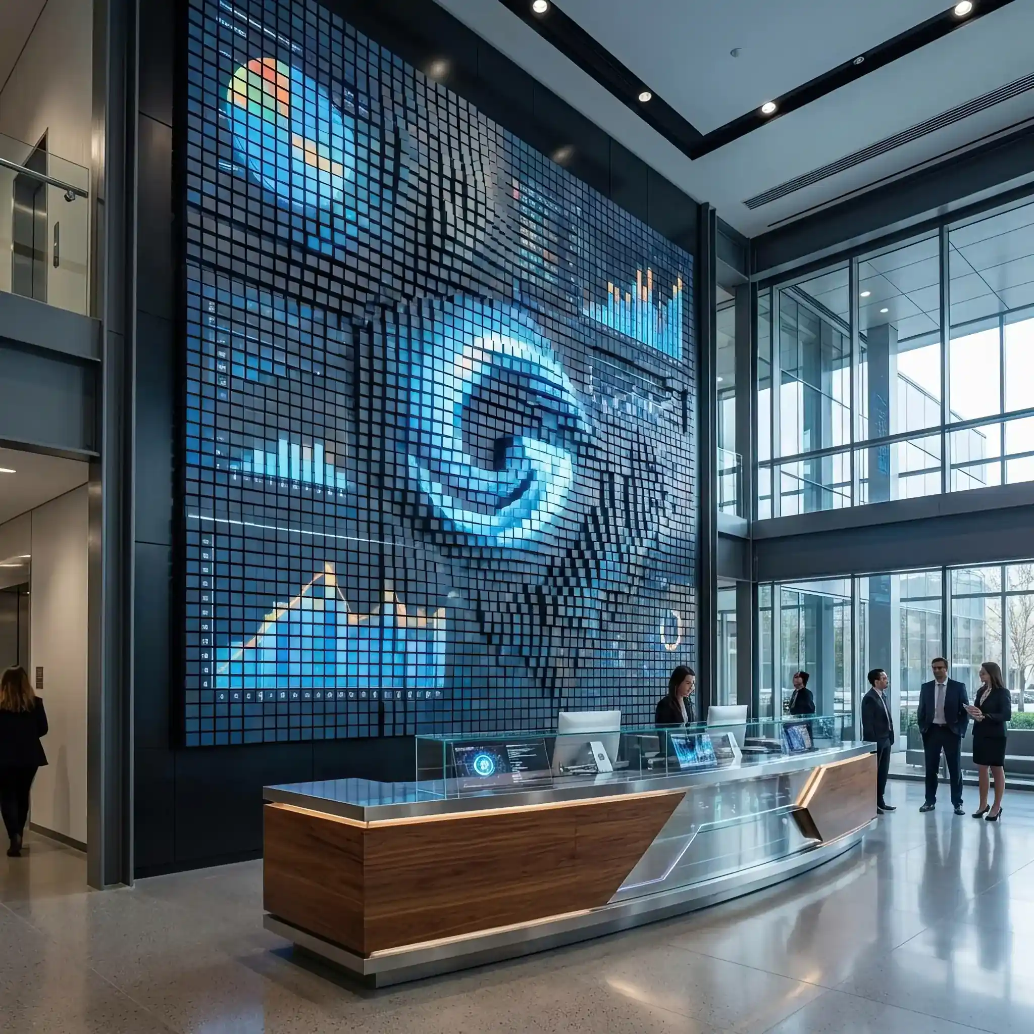 Архитектура и дизайн: Стена за стойкой регистрации, состоящая из тысяч движущихся блоков, которые создают объемный барельеф