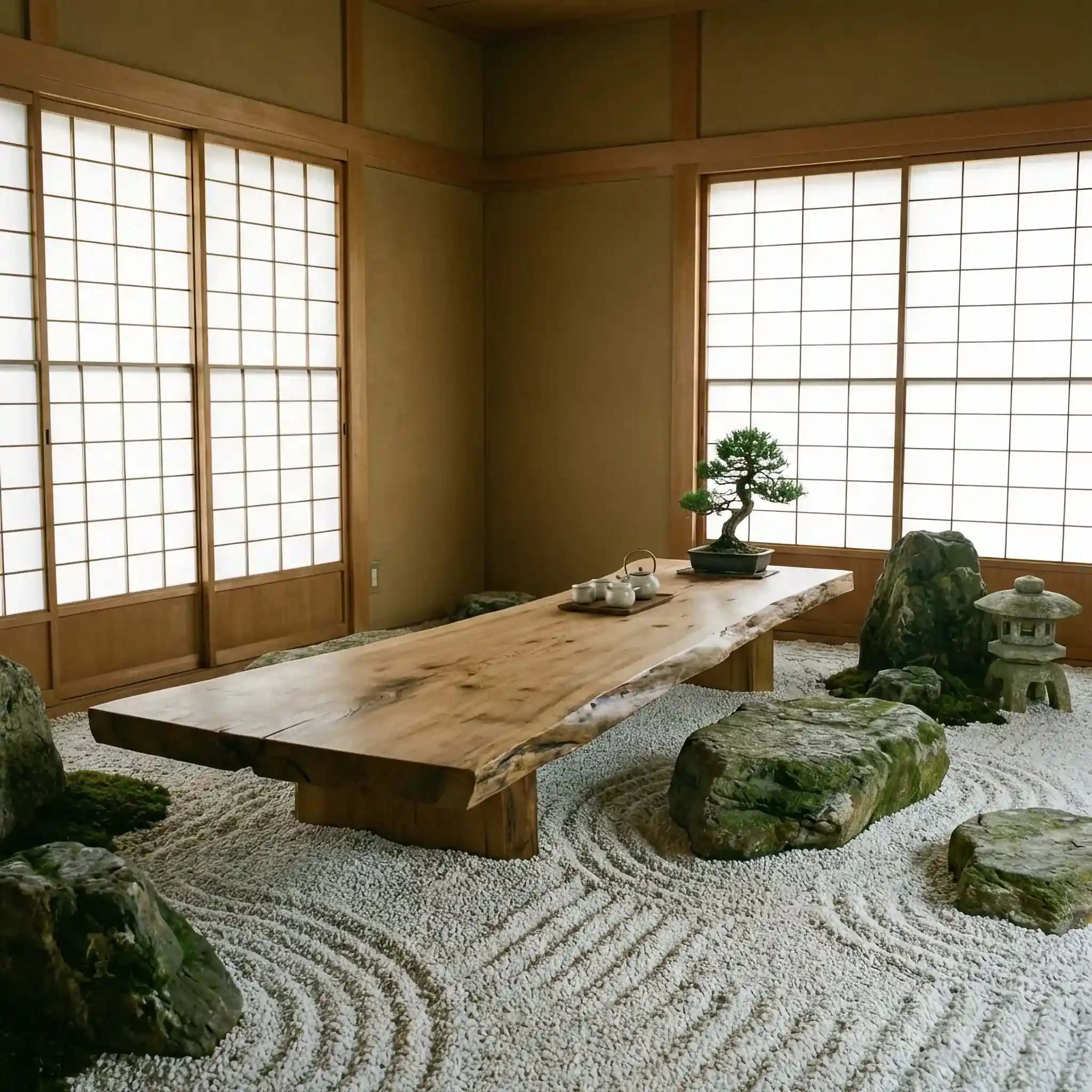 Архитектура и дизайн: Низкая деревянная стойка приемная, окруженная садом камней (каресансуй) внутри офисного холла