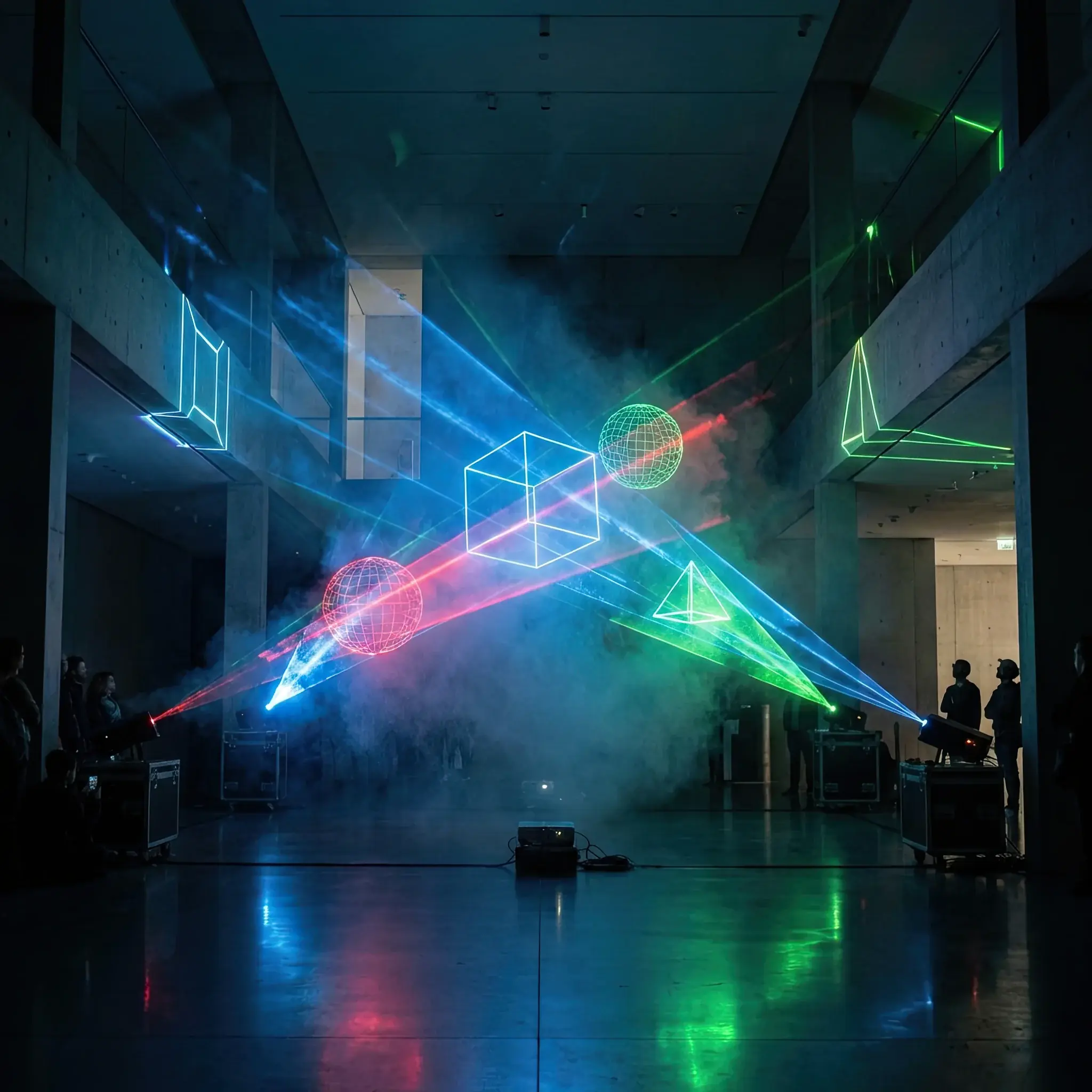 Архитектура и дизайн: Футуристическое вестибюль с четкими лазерными линиями, создающими архитектурные формы в воздухе