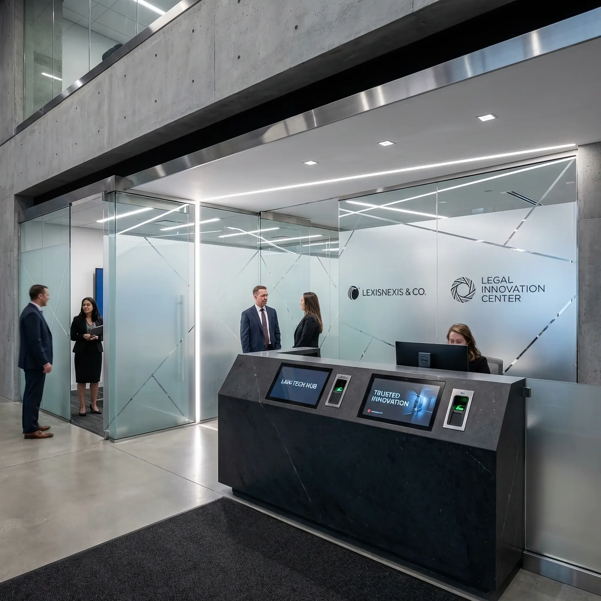 Архитектура и дизайн: Футуристичный вход в LegalTech узел: архитектура, отражающая интеграцию технологий и верховенство цифрового права