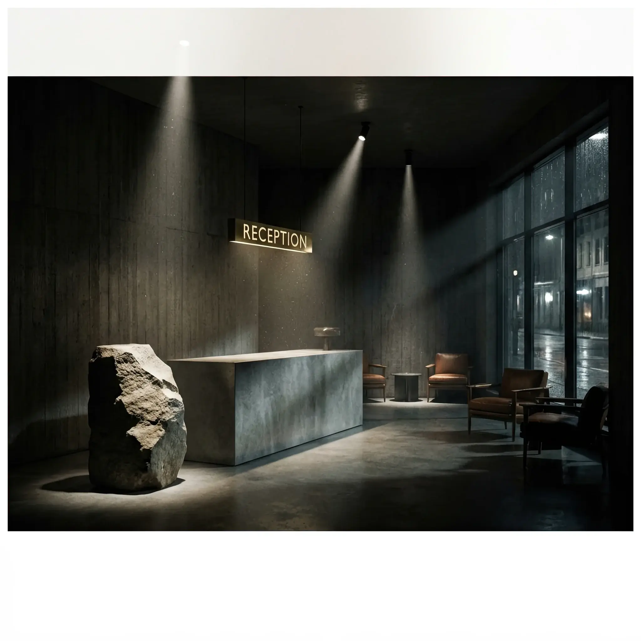 Архитектура и дизайн: Драматичное освещение стойки приемная с использованием акцентных лучей и глубоких теней
