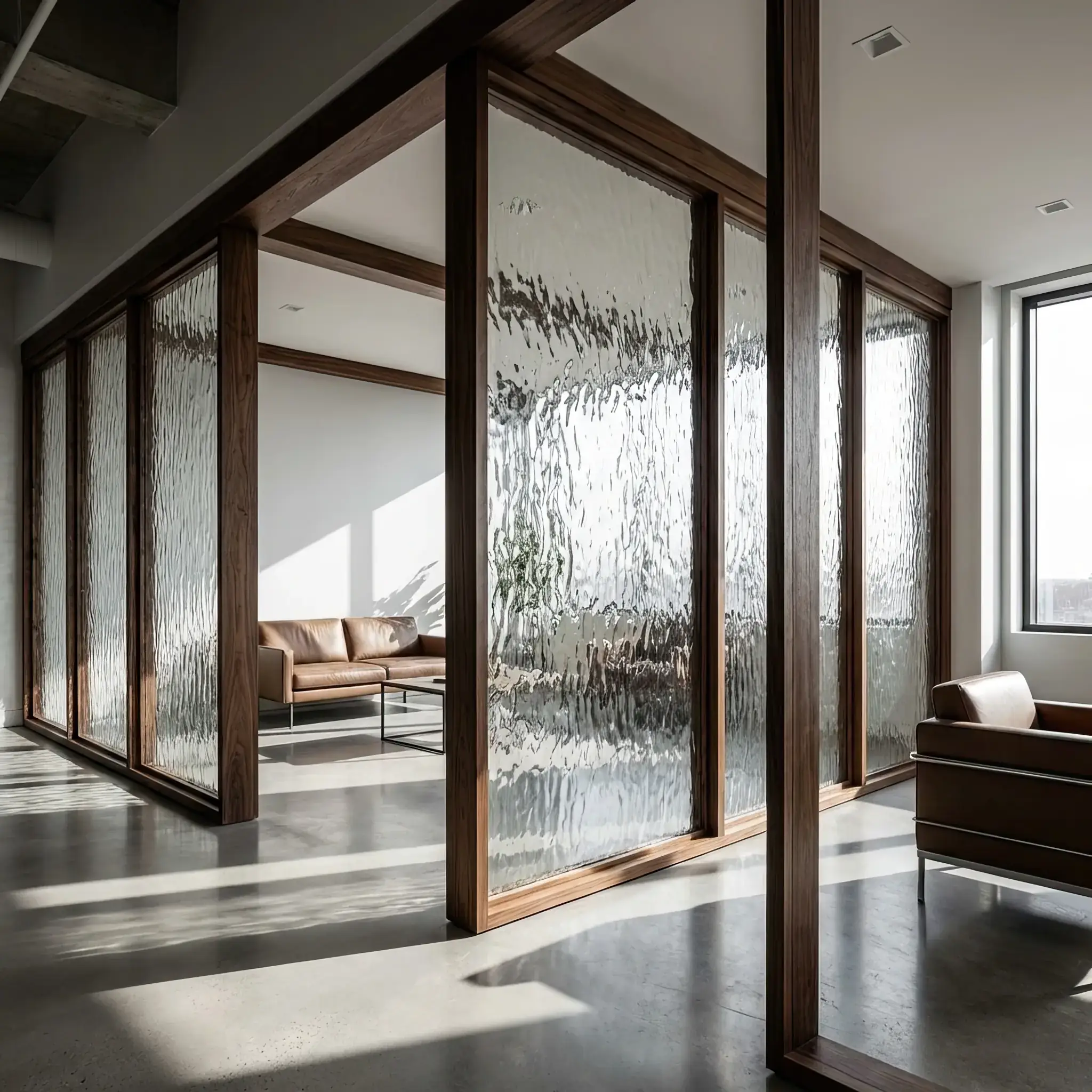 Архитектура и дизайн: Светопрозрачная перегородка в вестибюль, внутри которой видна едва заметная пульсация охлаждающей жидкости, защищающей помещение от солнечного жара