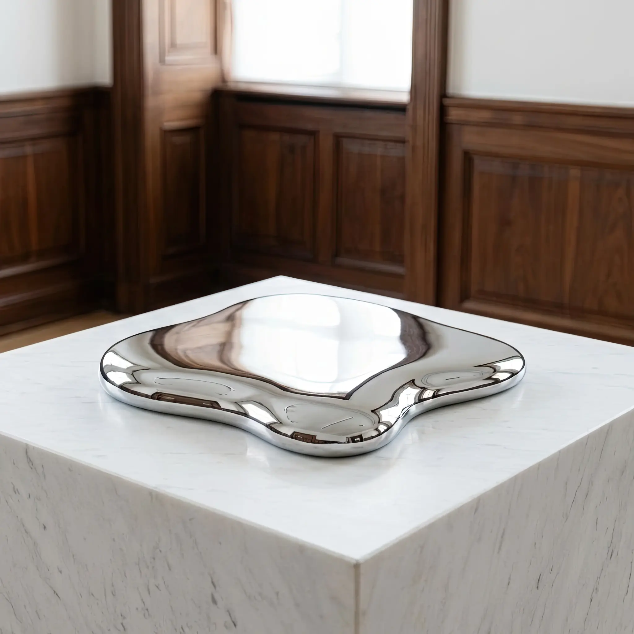 Архитектура и дизайн: Футуристическая скульптура в центре вестибюль, которая плавно меняет свою форму, напоминая текучую ртуть под управлением магнитных полей