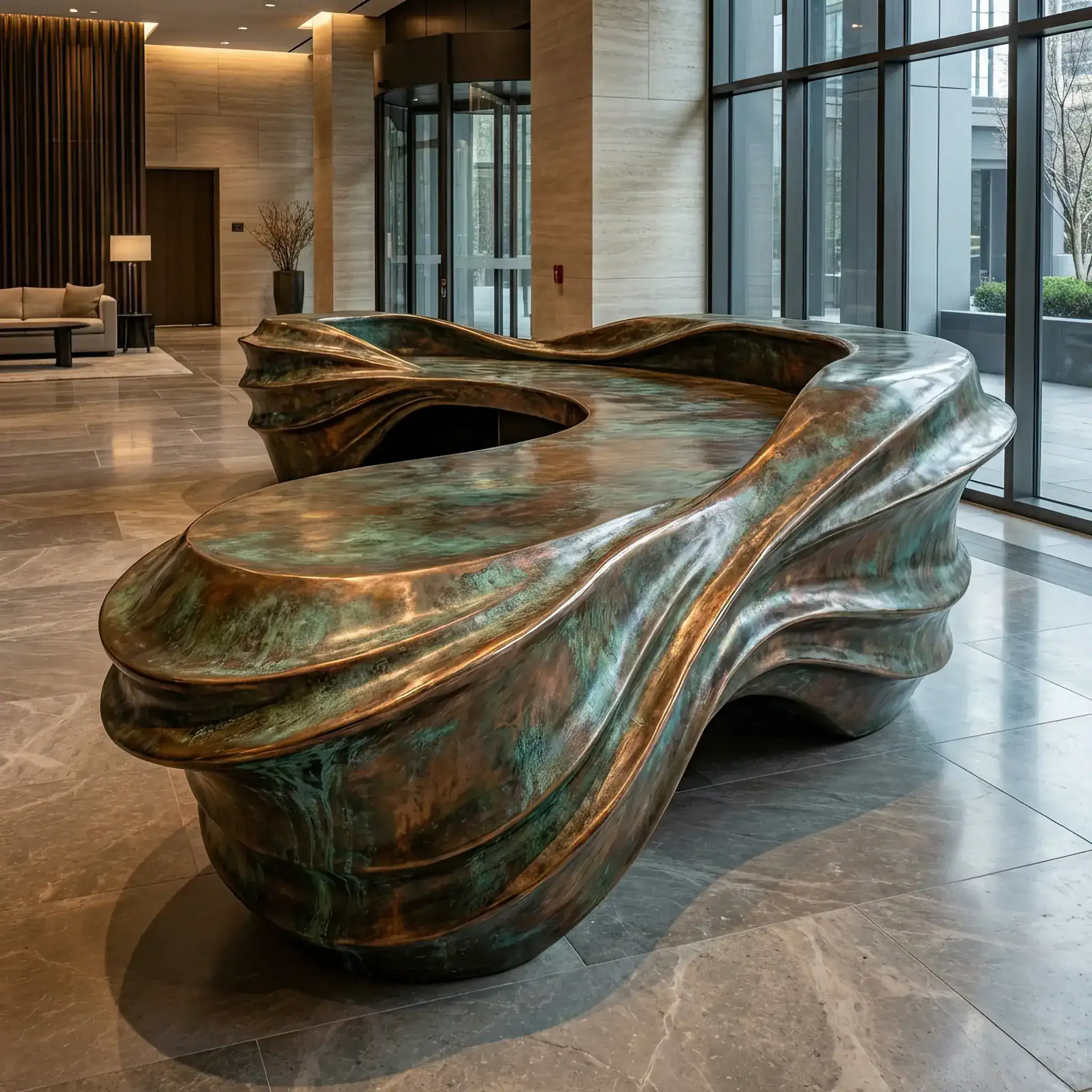 Архитектура и дизайн: Стойка приемная со сложной геометрией, покрытая жидким металлом с эффектом старой бронзы