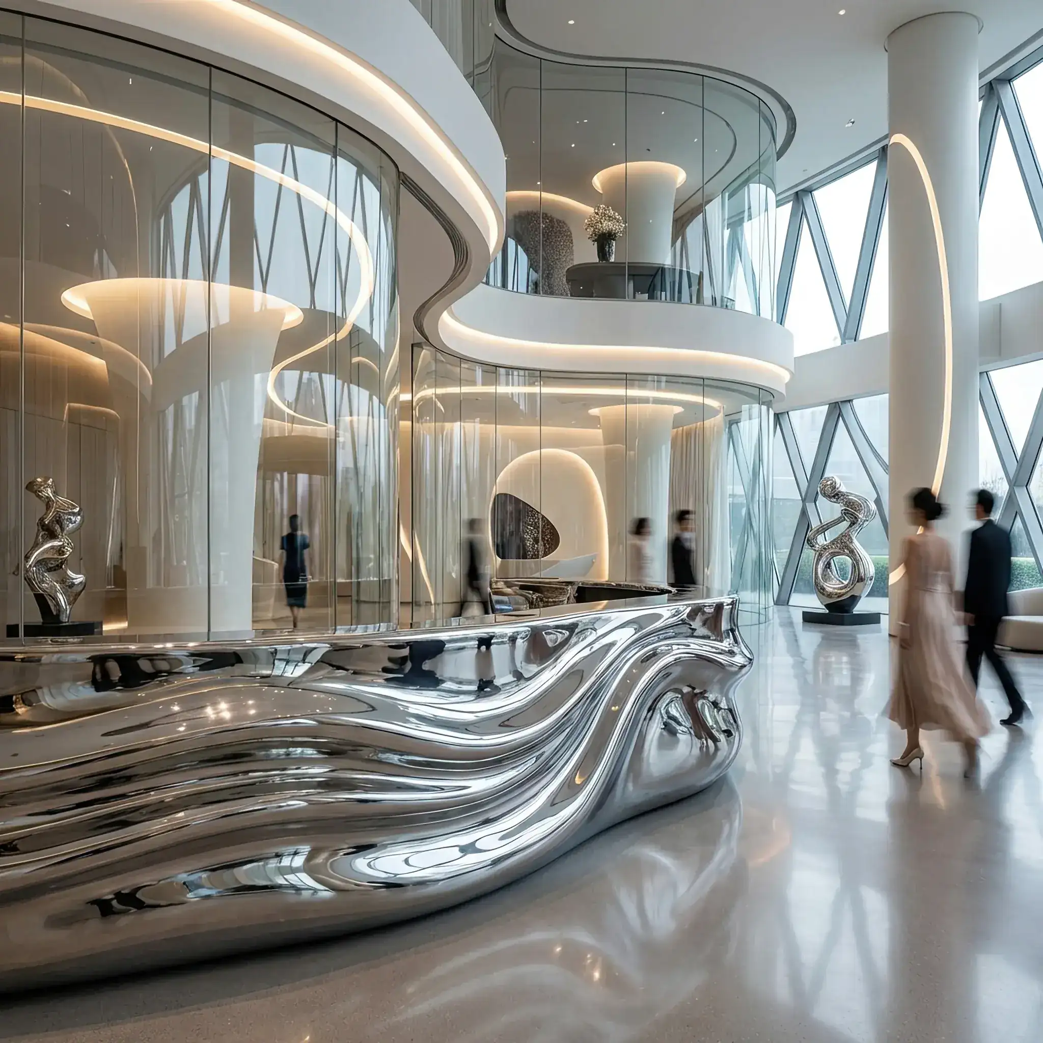 Архитектура и дизайн: Стойка приемная аморфной формы, покрытая зеркальным 'жидким' хромом, отражающим весь холл